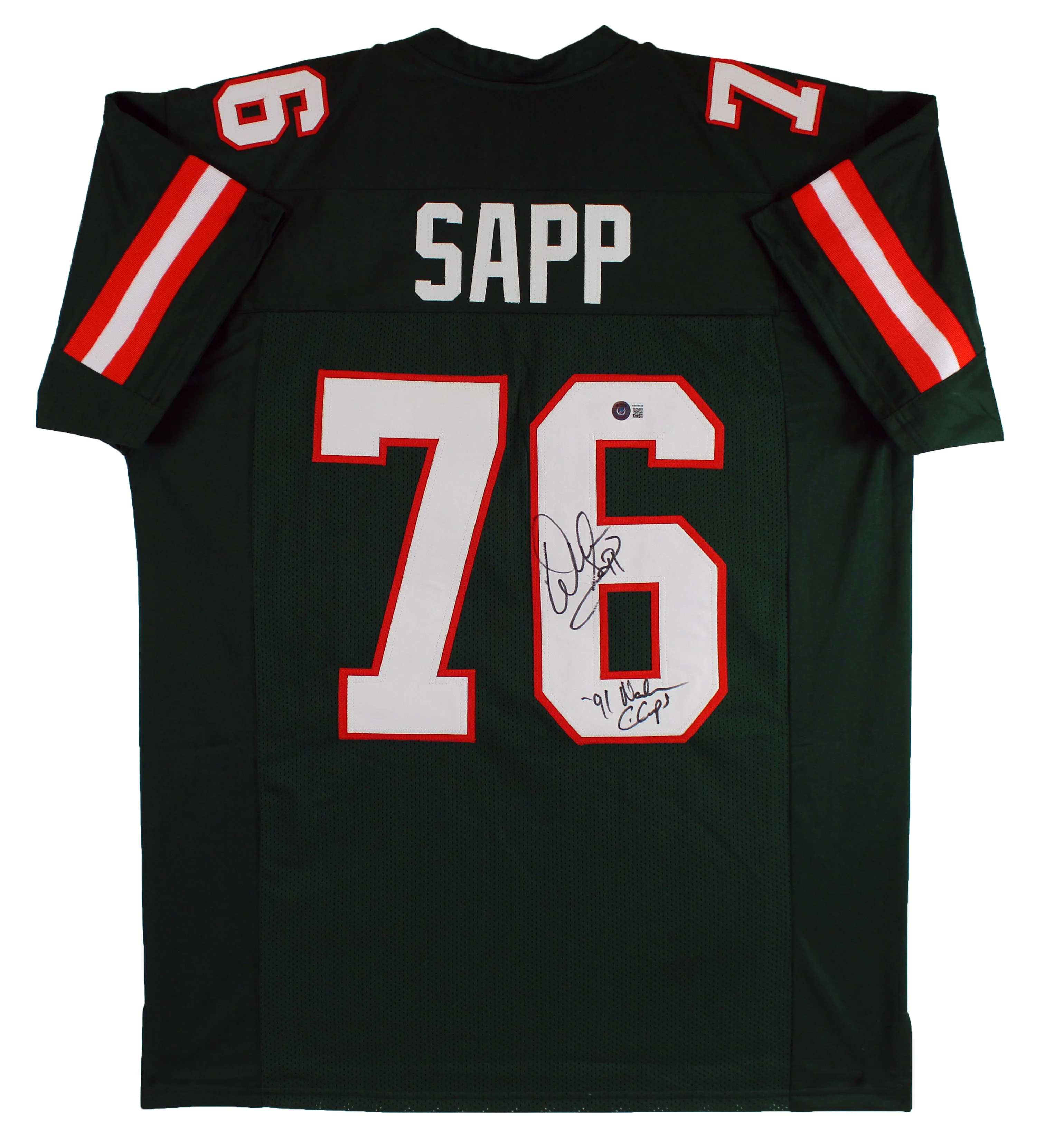 Miami Warren Sapp "91 Nat'l Champs" Signed Green Pro Style Jersey BAS Witnessed - Image 2