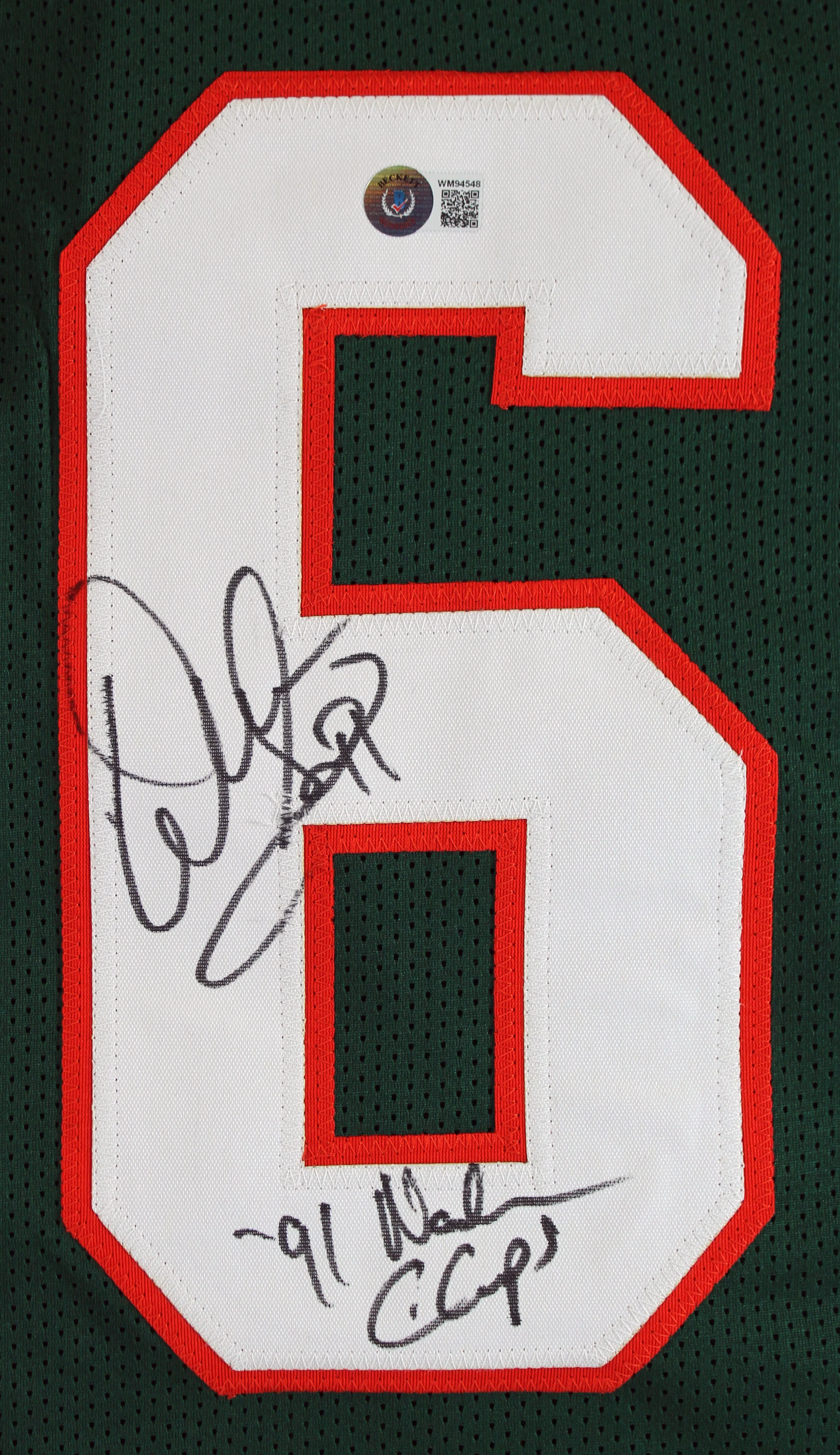 Miami Warren Sapp "91 Nat'l Champs" Signed Green Pro Style Jersey BAS Witnessed - Image 3