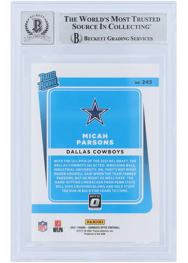 Micah Parsons Signed 2021 Donruss Optic #245 Cowboys Rookie Card BAS 9 Auto 10 - Image 2