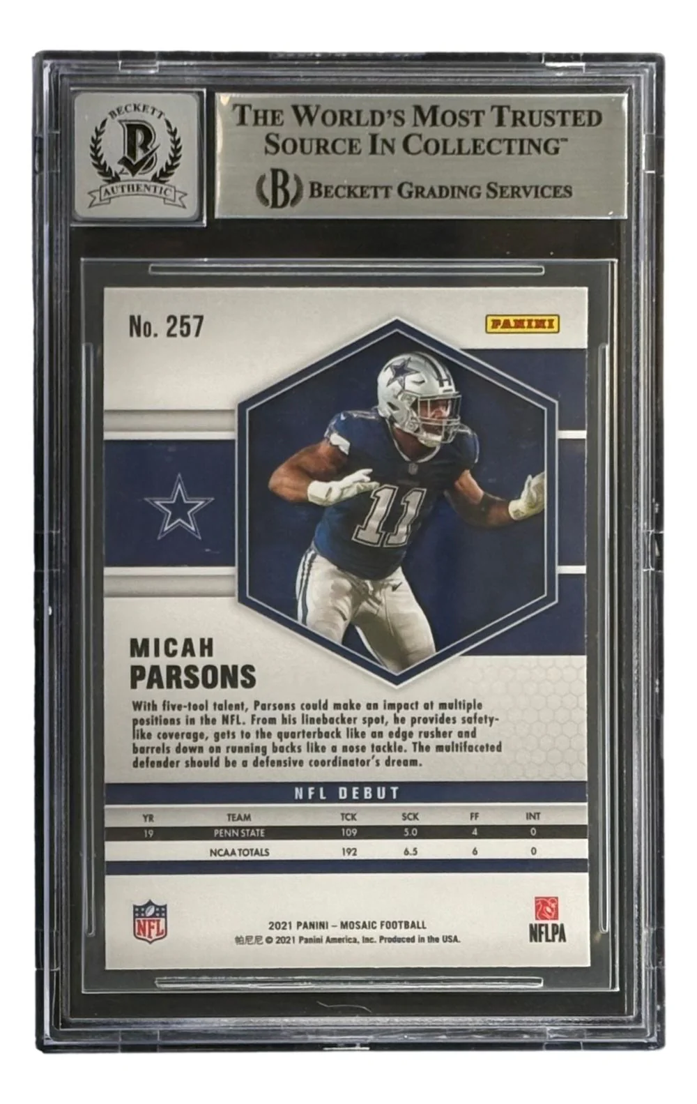 Micah Parsons Signed 2021 Panini Mosaic #257 Cowboys Rookie Card BAS 9 Auto 10 - Image 2