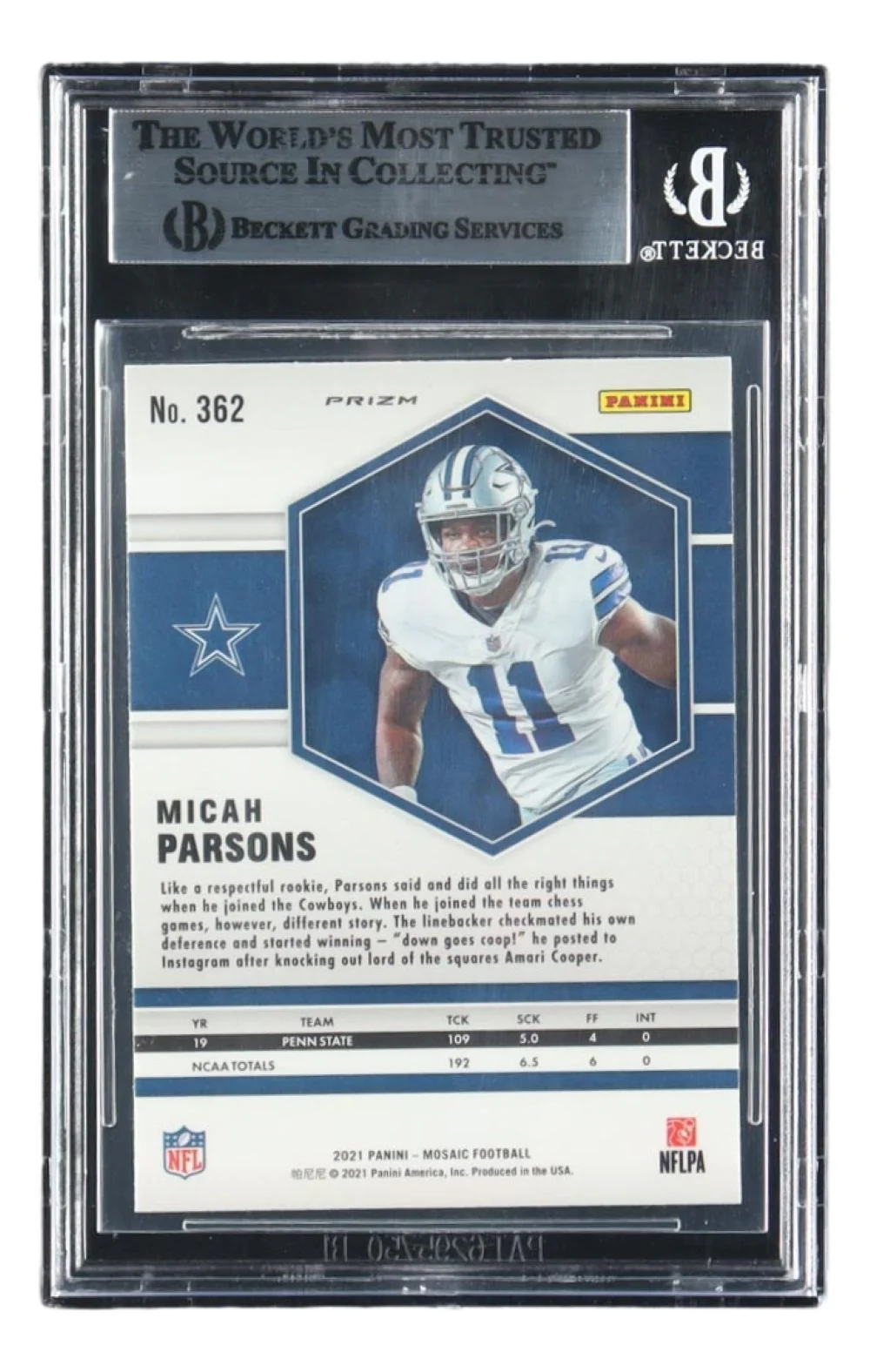 Micah Parsons Signed 2021 Panini Mosaic #362 Dallas Cowboys Rookie Card BAS - Image 2
