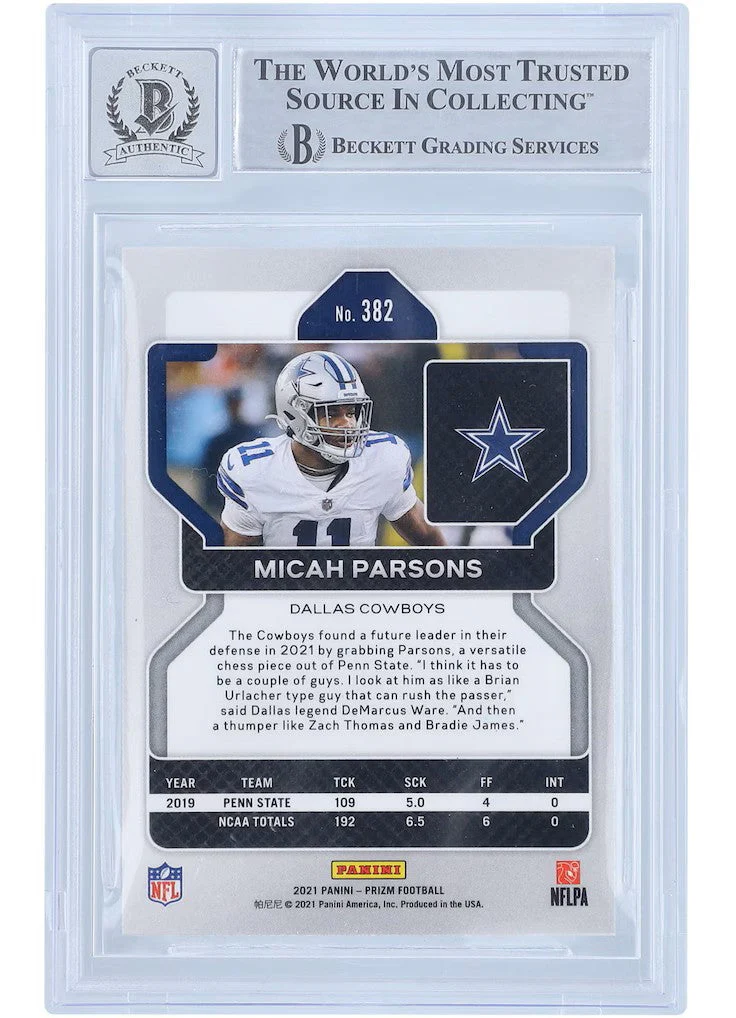 Micah Parsons Signed 2021 Panini Prizm #382 Cowboys Rookie Card BAS Auto 10 - Image 2