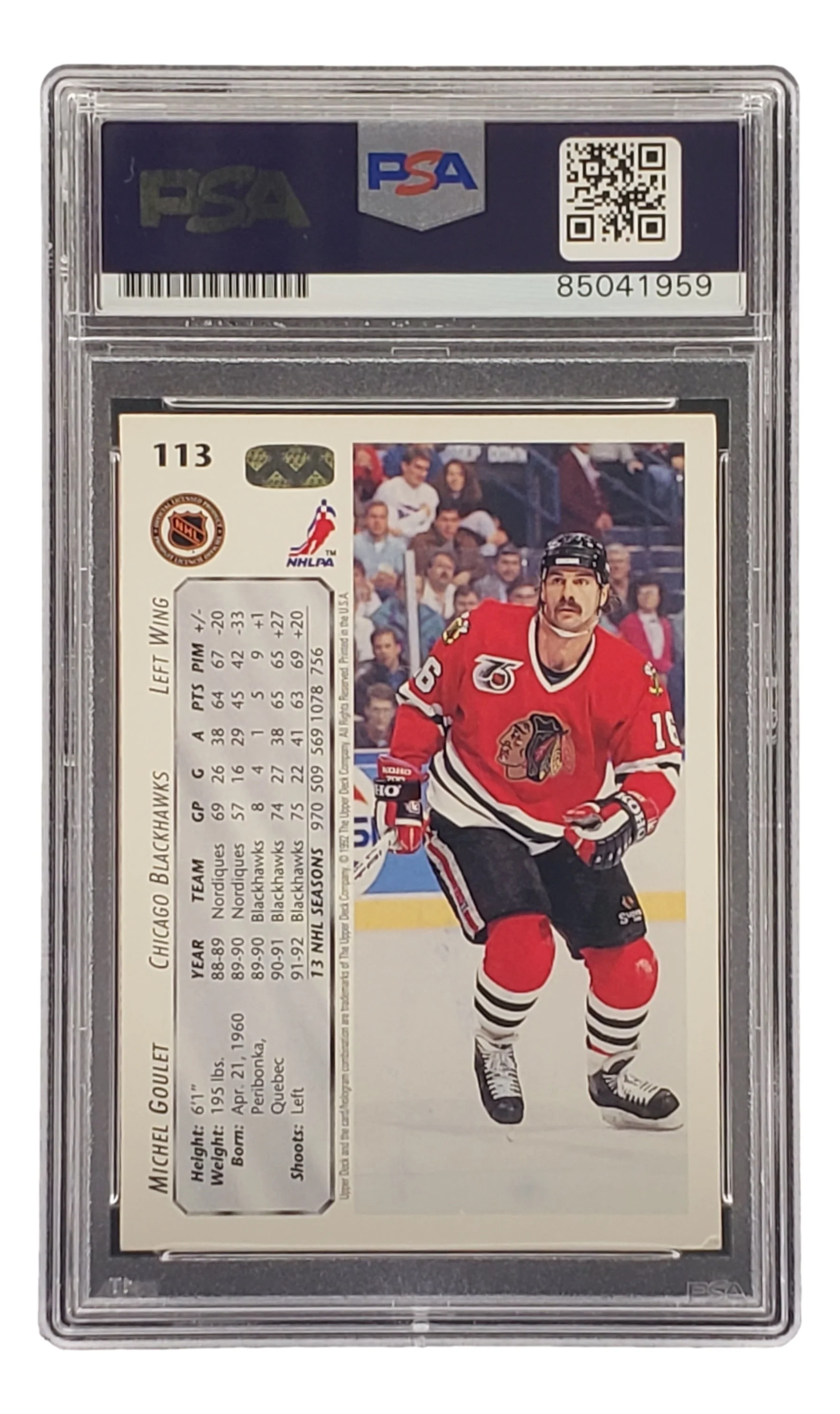 Michel Goulet Signed 1992 Upper Deck #113 Chicago Blackhawks Hockey Card PSA/DNA - Image 2