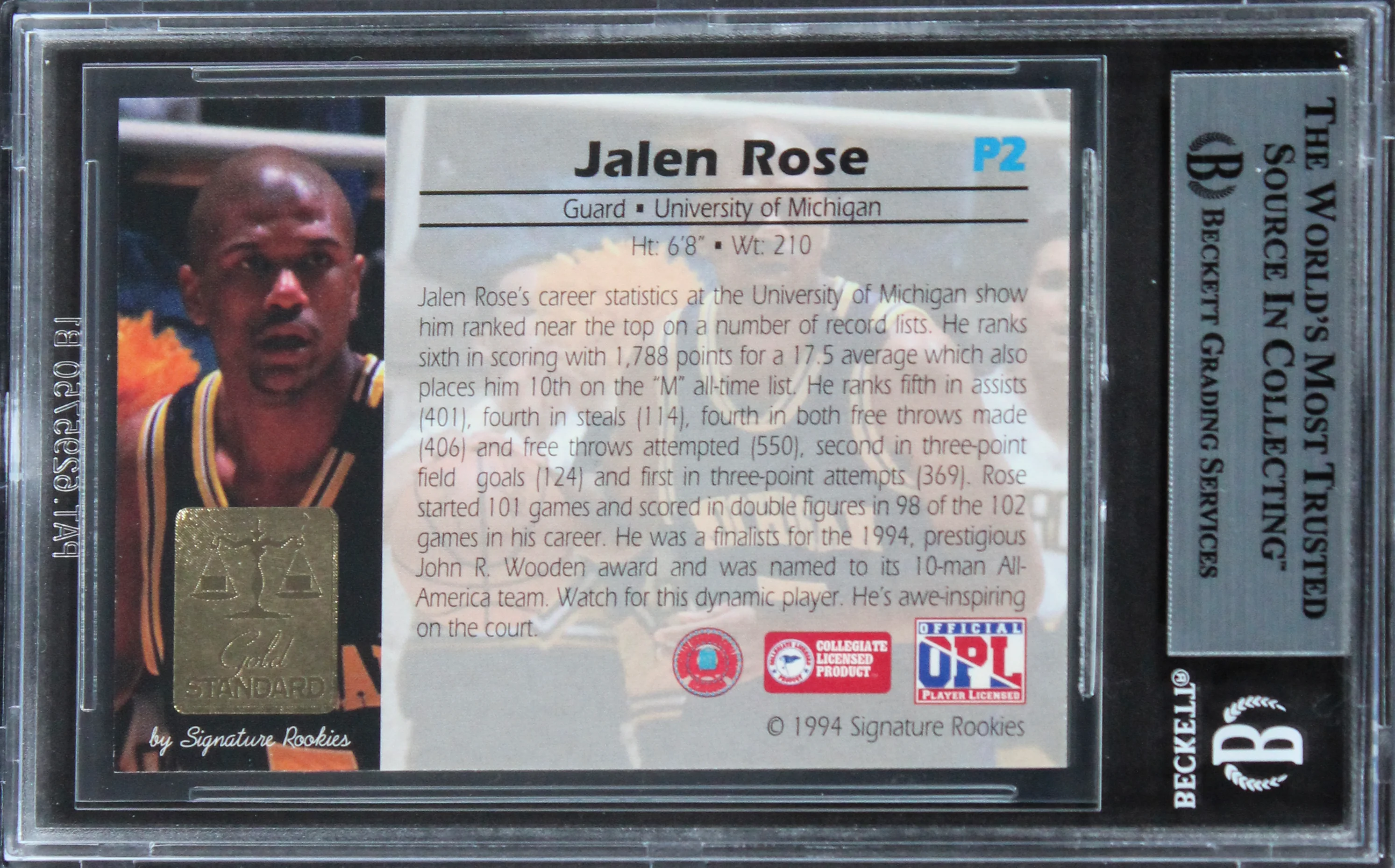 Michigan Jalen Rose Signed 1994 Signature Rookies GS Promos #P2 Card BAS Slabbed - Image 3