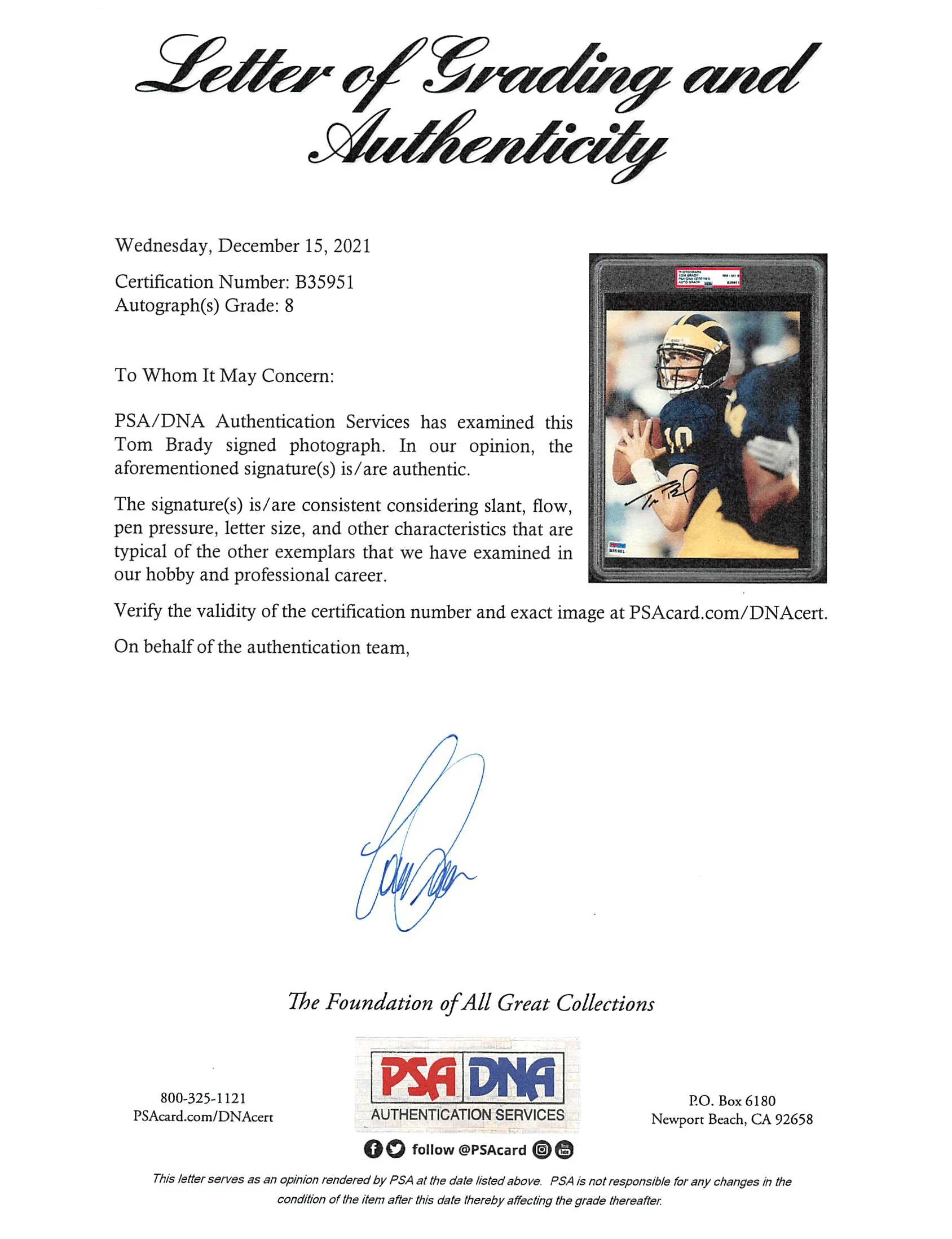 Michigan Tom Brady Authentic Signed 8x10 Photo Auto Graded NM-MT 8 PSA Slabbed - Image 4