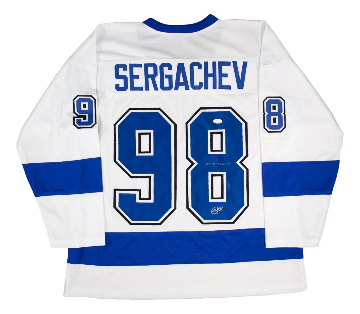 Mikhail Sergachev Tampa Bay Signed White Hockey Jersey 2x SC Champs JSA Hologram