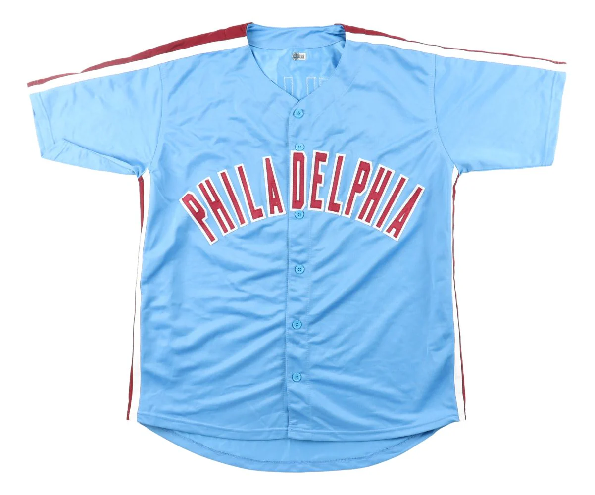 Miles Teller Philadelphia Signed Light Blue Baseball Jersey BAS BT57636 - Image 3