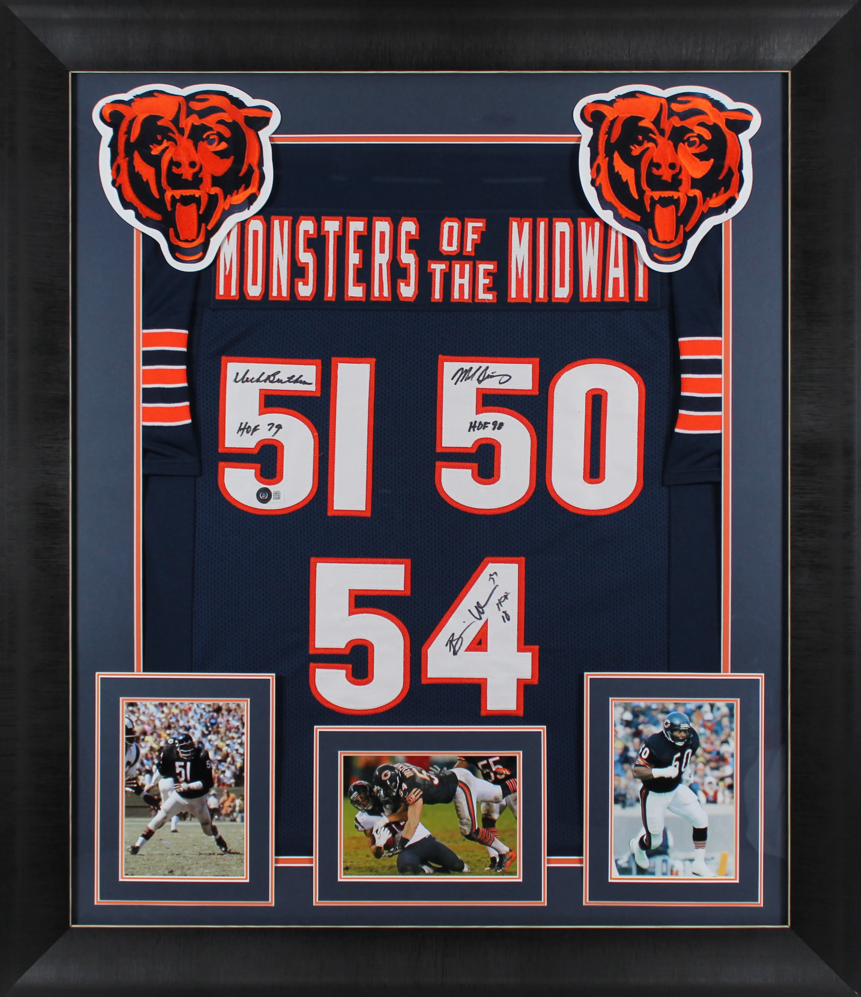 Monsters Of The Midway (3) Butkus, Singletary +1 Signed Navy Framed Jersey BAS - Image 2