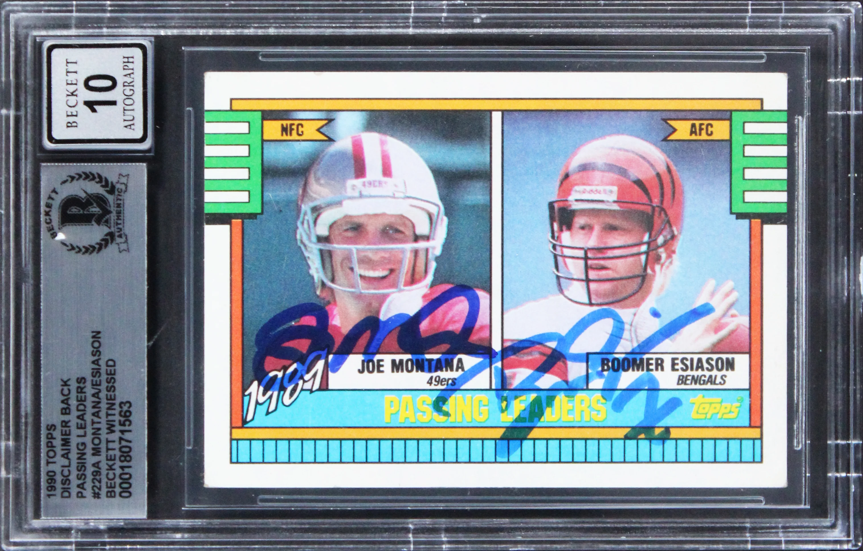 Montana & Esiason Signed 1990 Topps Disclaimer PL #229A Card Auto 10 BAS Slabbed