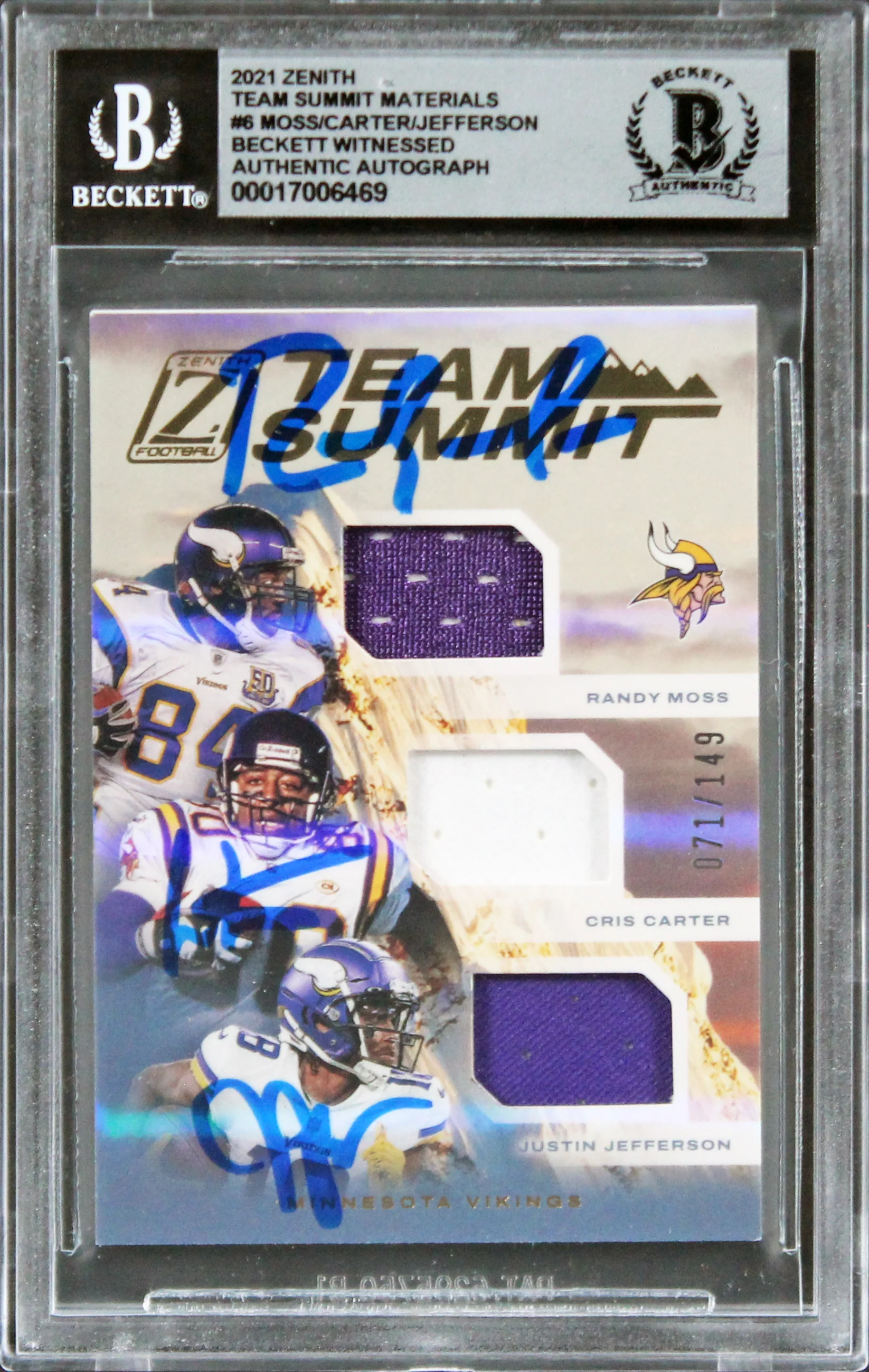 Moss, Carter & Jefferson Signed 2021 Zenith TSM #6 #71/149 Card Auto 10 BAS Slab - Image 2