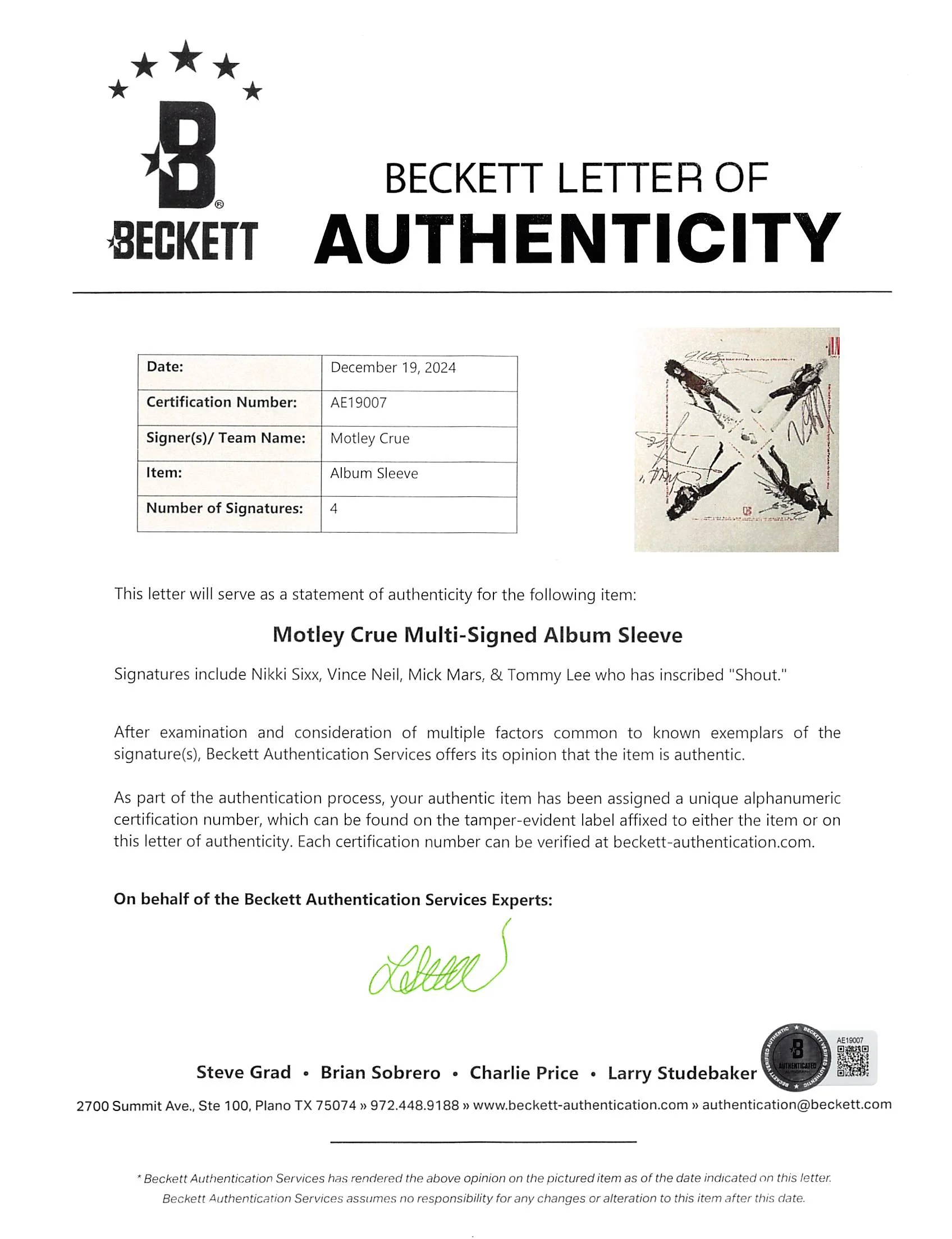 Motley Crue (4) Neil, Sixx, Lee & Mars Signed Album Cover W/ Vinyl BAS #AE19007 - Image 7