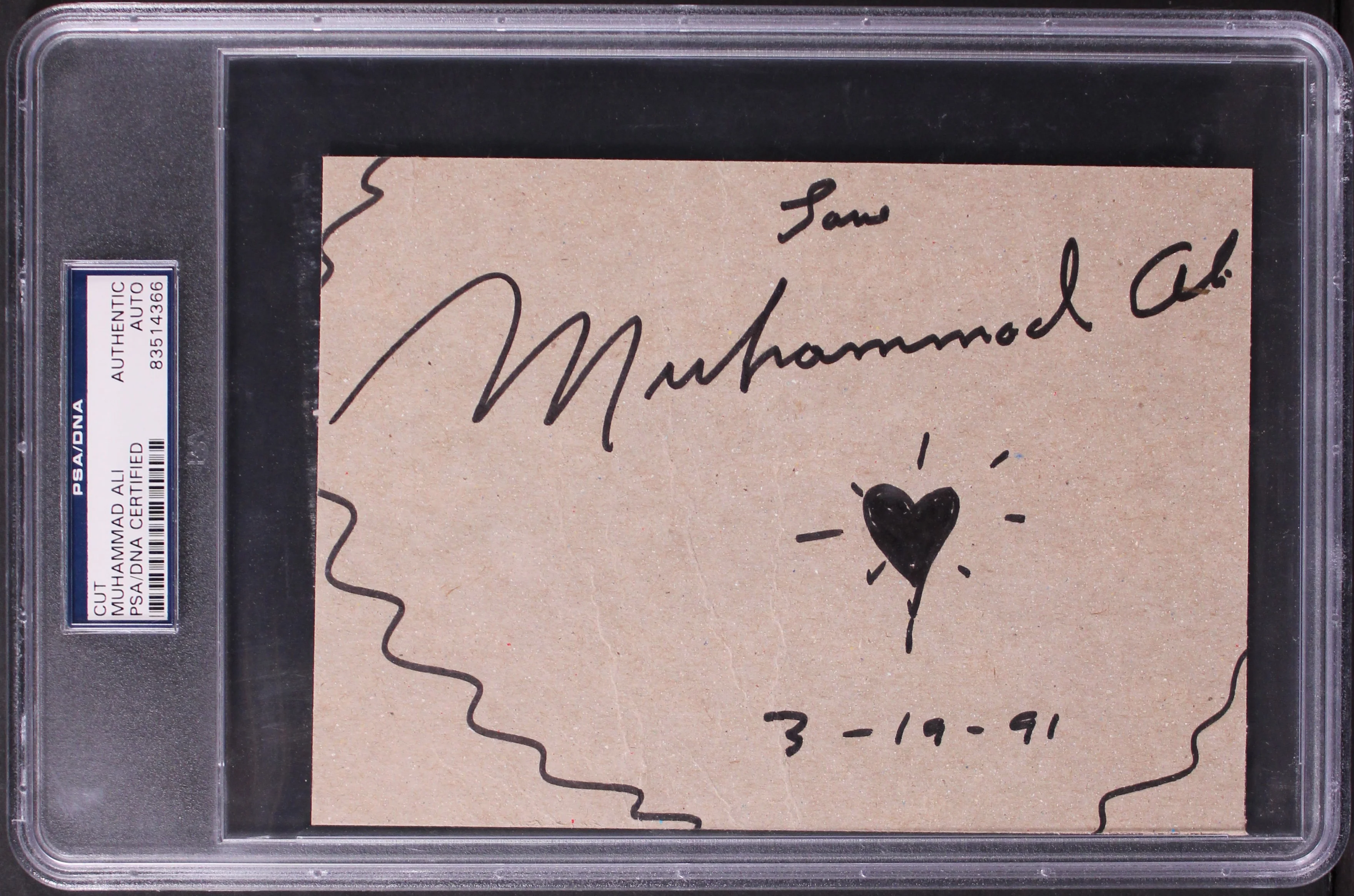 Muhammad Ali "3-19-91" w/ Heart Sketch Signed 5x7 Cut Signature PSA/DNA Slabbed - Image 2