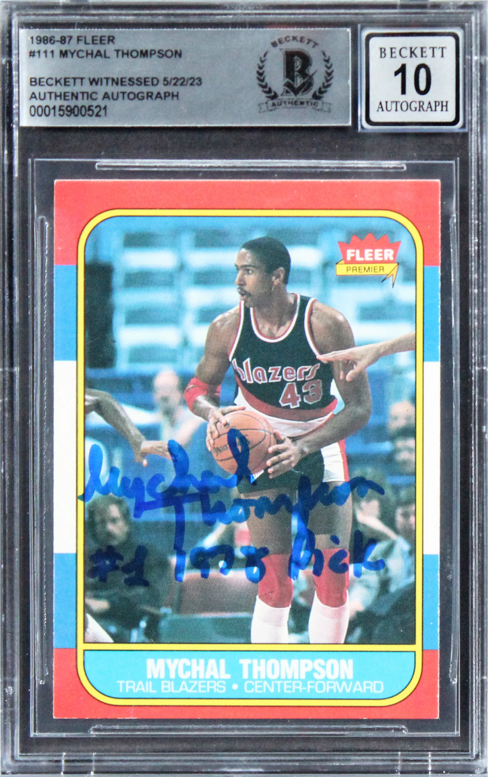 Mychal Thompson "1978 #1 Pick" Signed 1986 Fleer #111 Card Auto 10! BAS Slabbed - Image 2