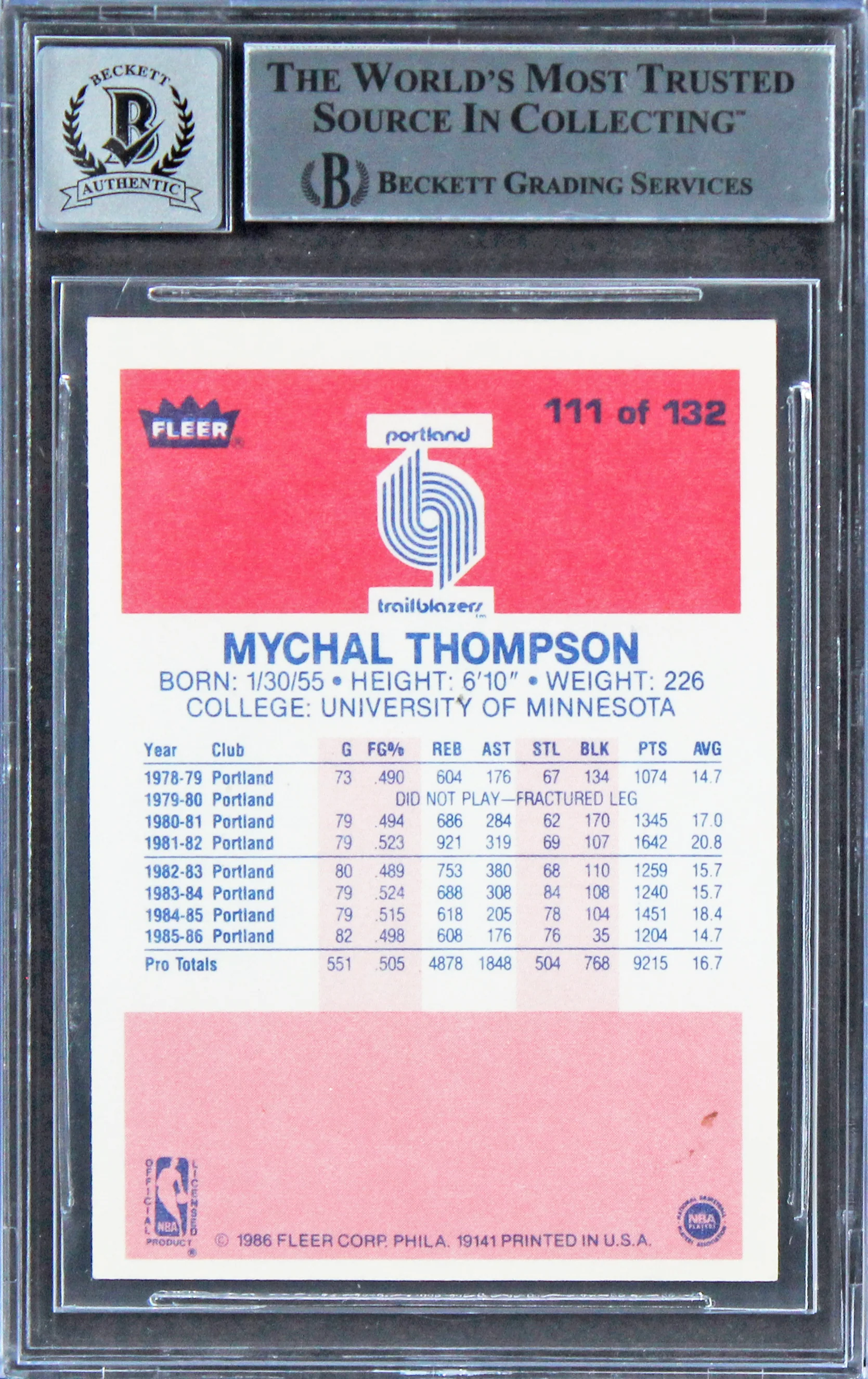 Mychal Thompson "1978 #1 Pick" Signed 1986 Fleer #111 Card Auto 10! BAS Slabbed - Image 3