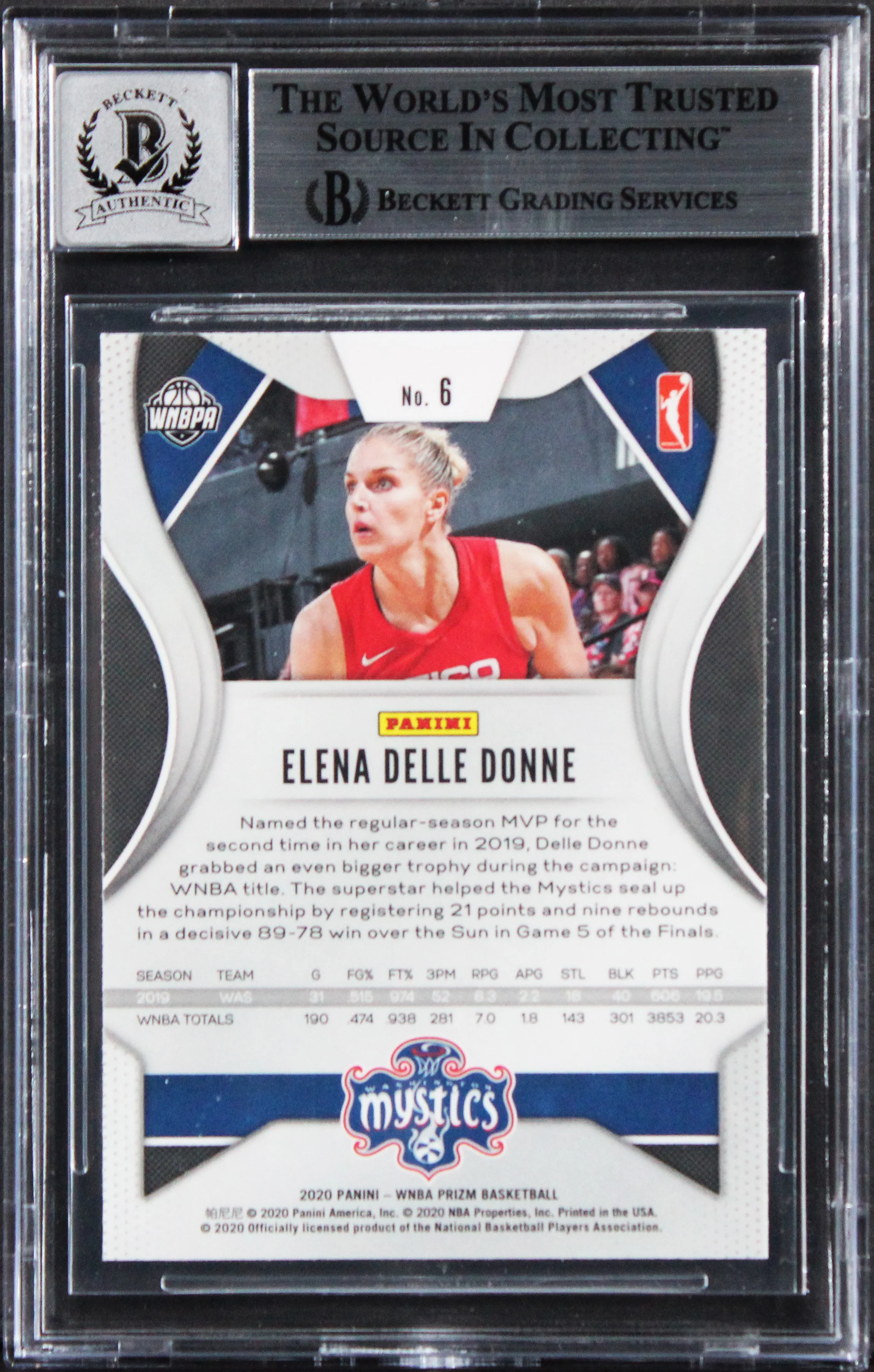 Mystics Elena Delle Donne Signed 2020 Panini Prizm #6 Card Auto 10! BAS Slabbed - Image 3