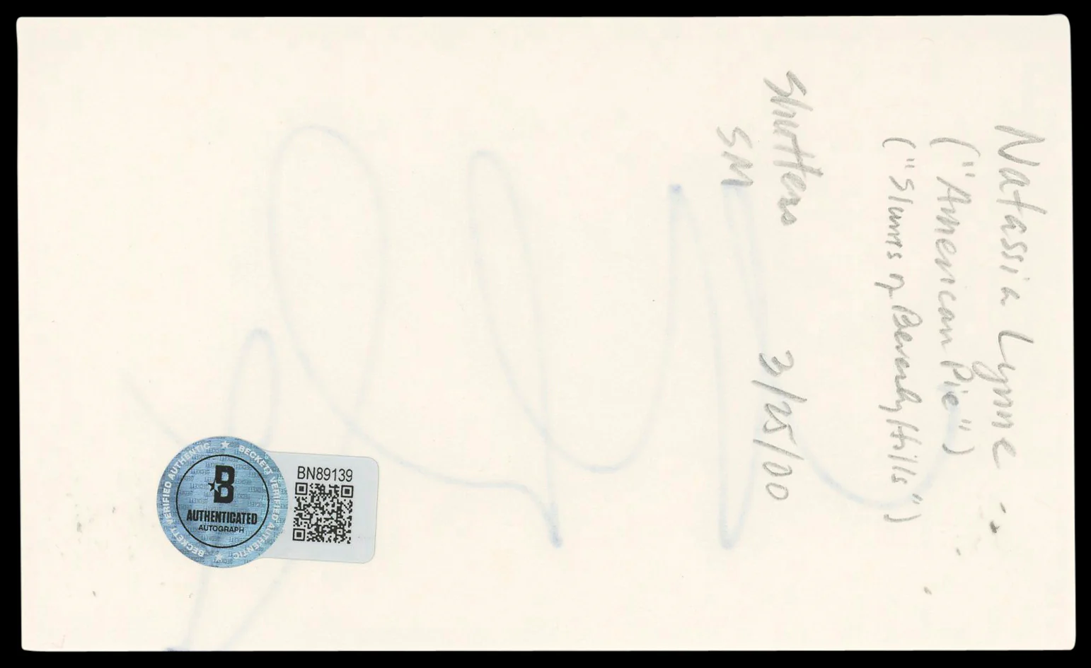 Natasha Lyonne American Pie Authentic Signed 3x5 Index Card BAS #BN89139 - Image 3