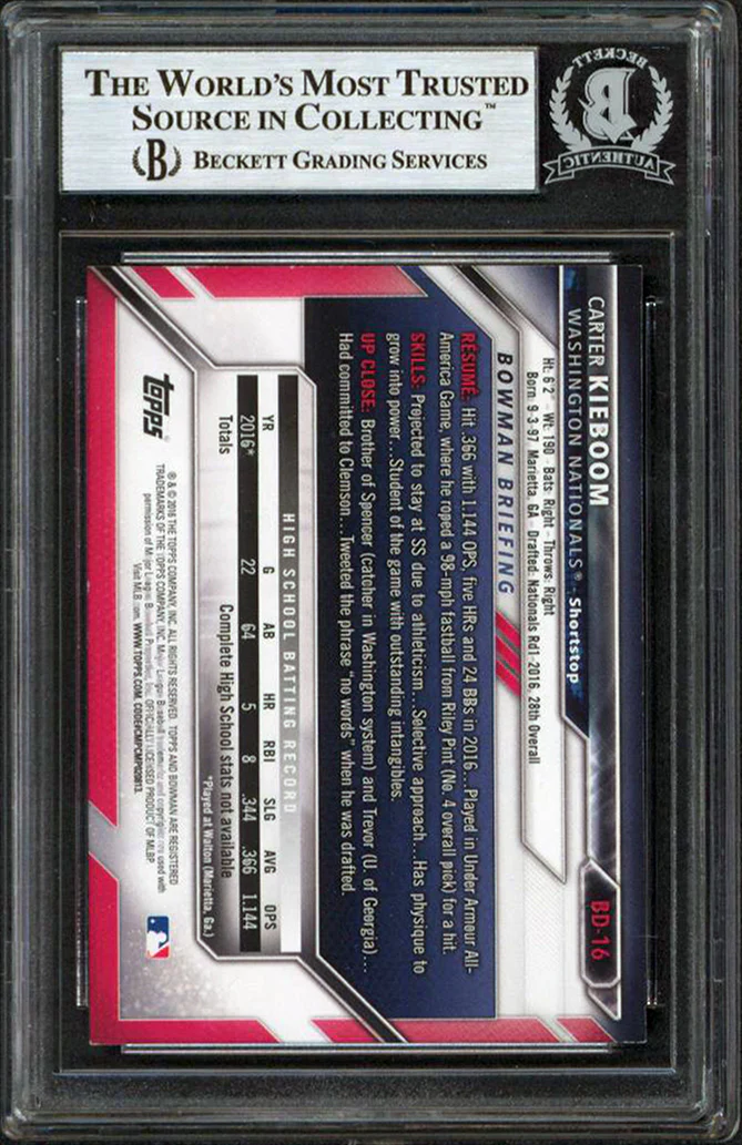 Nationals Carter Kieboom Authentic Signed 2016 Bowman Draft #BD16 RC BAS Slabbed - Image 3