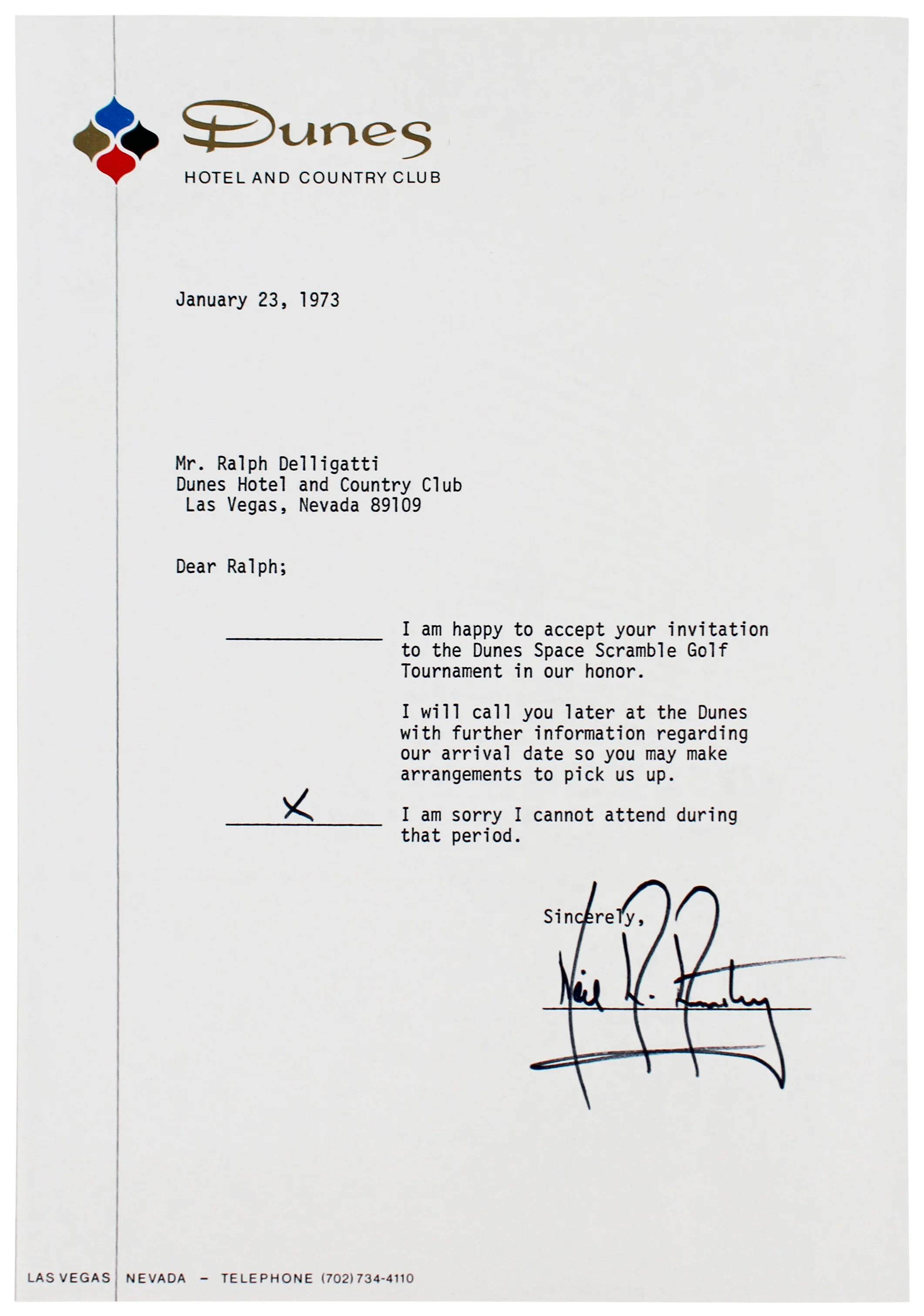 Neil Armstrong Apollo 11 Signed 7.25x10.5 1973 RSVP Letter BAS #AD85205 - Image 2