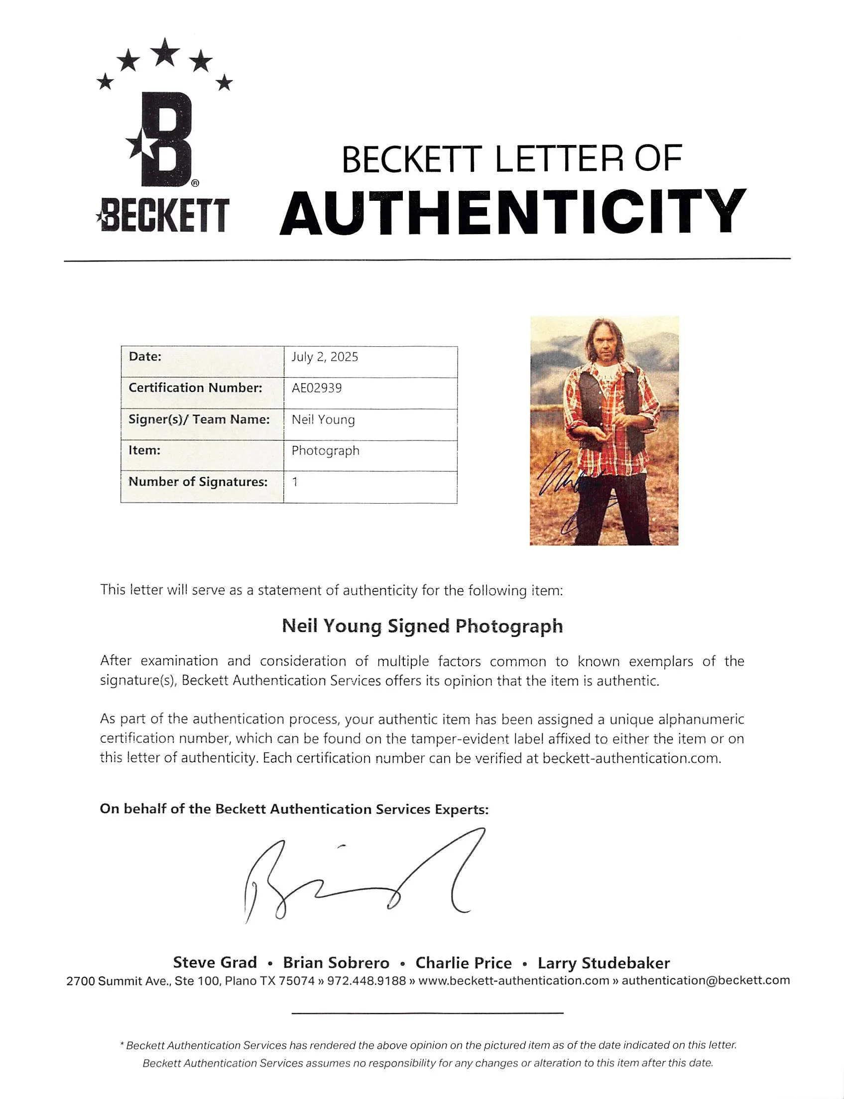 Neil Young CSN&Y Authentic Signed 11x14 Photo Autographed BAS #AE02939 - Image 3