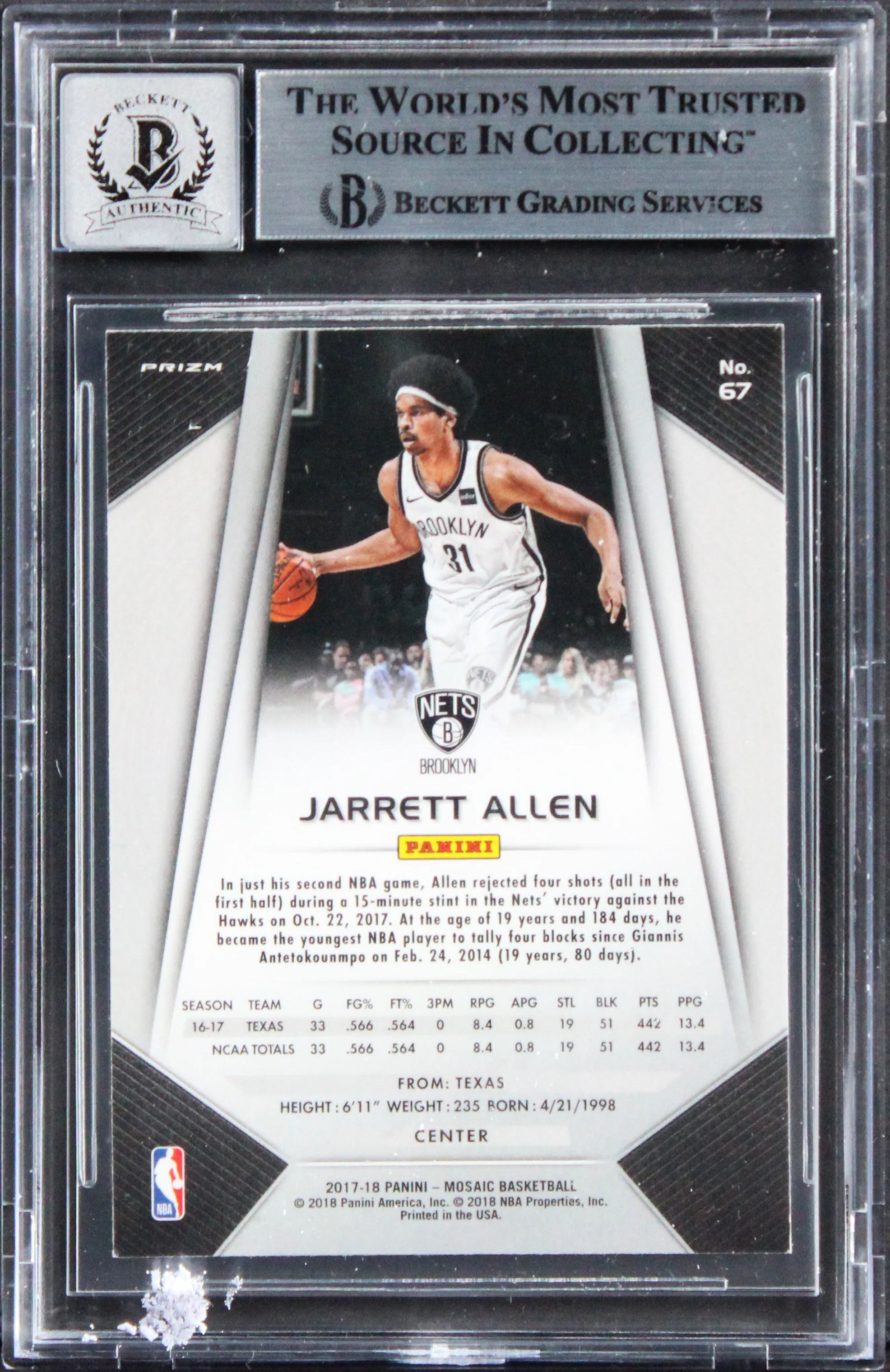 Nets Jarrett Allen Signed 2017 Panini Prizm MR #67 Rookie Card Auto 10! BAS Slab - Image 3
