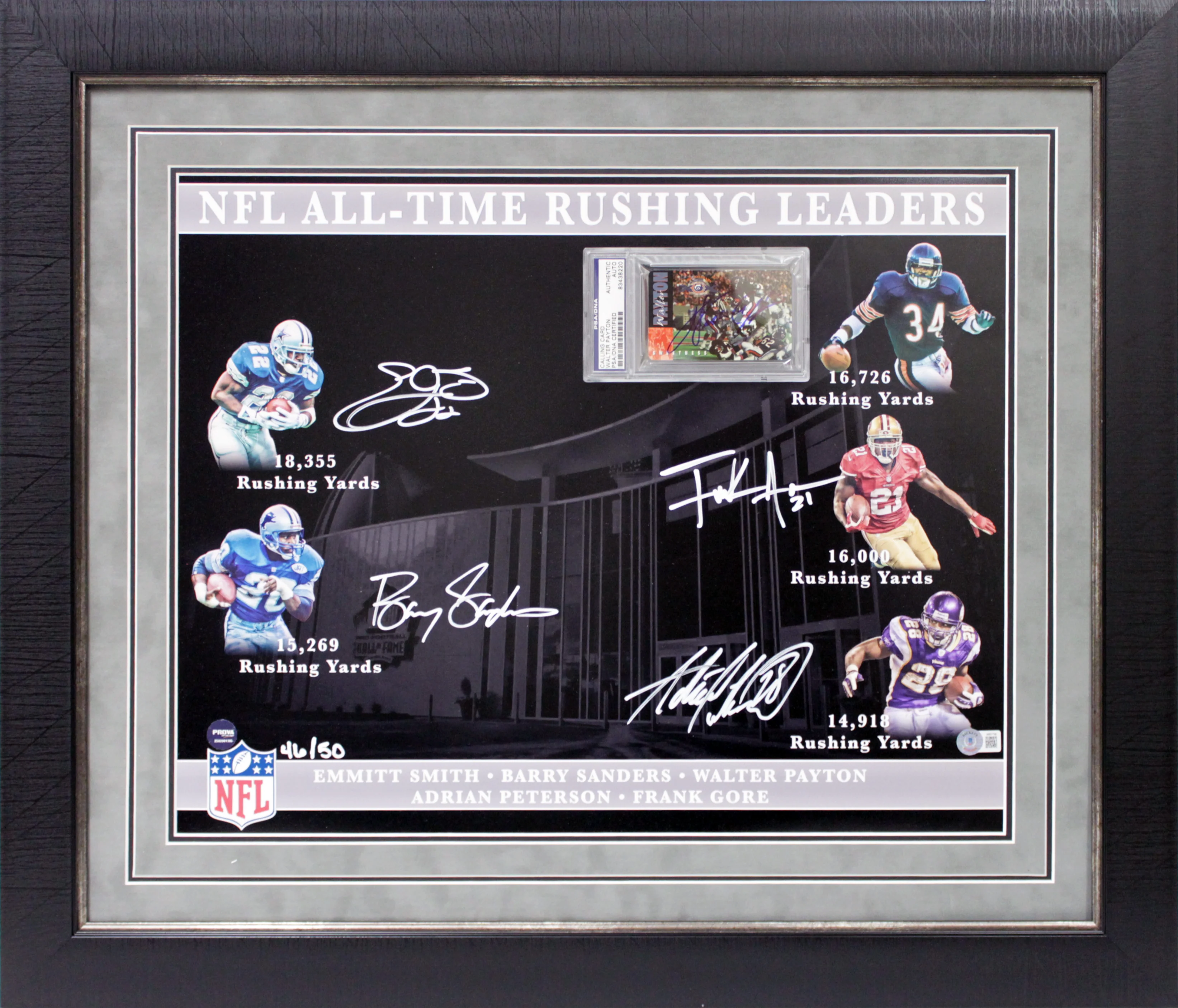 NFL Leading Rushers (5) Payton, Smith, Sanders, Gore Framed Display LE #/50 BAS - Image 2