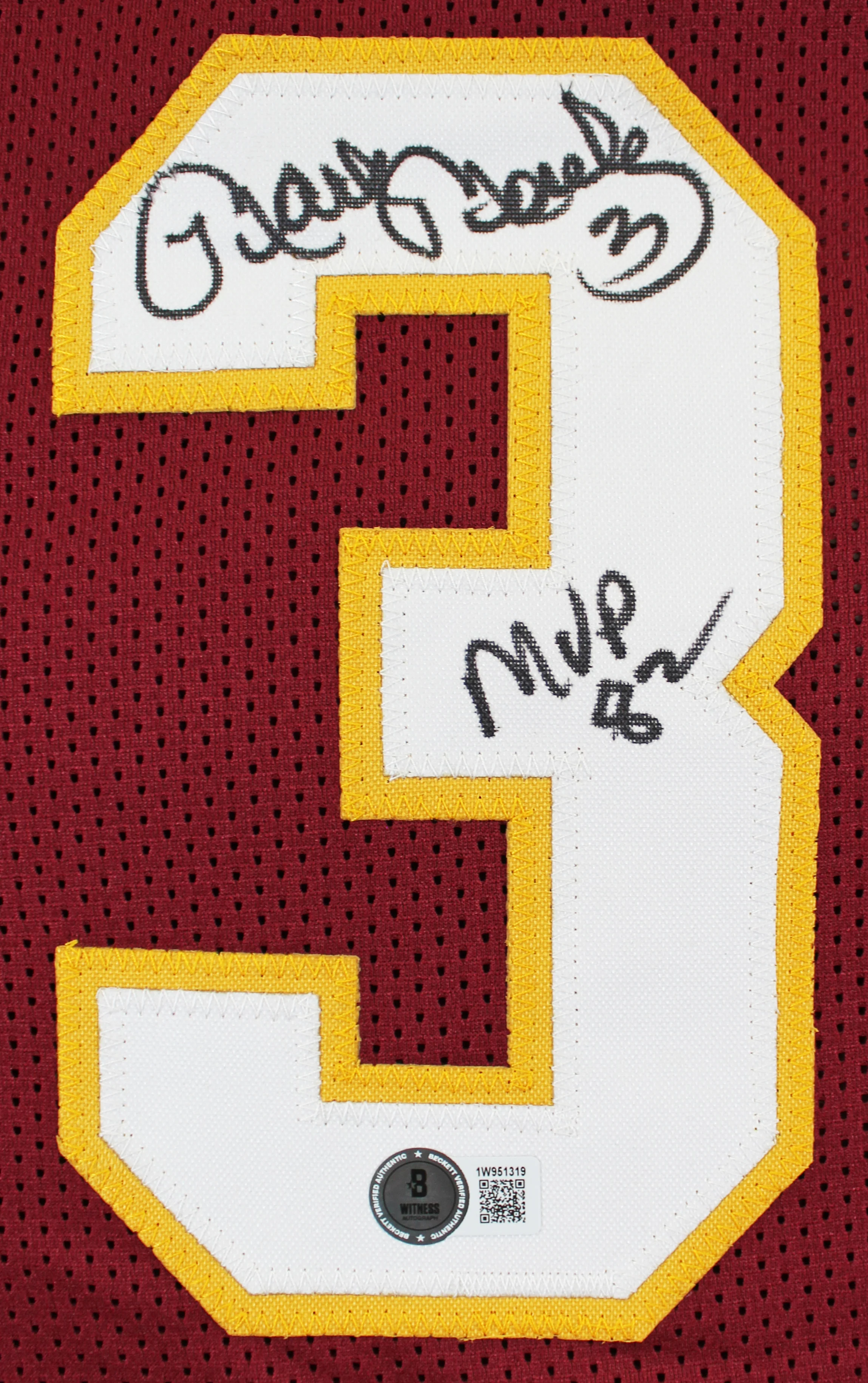 NFL MVPs (3) Theismann, Mosely & Brown Signed Maroon Pro Style Jersey BAS Wit - Image 4