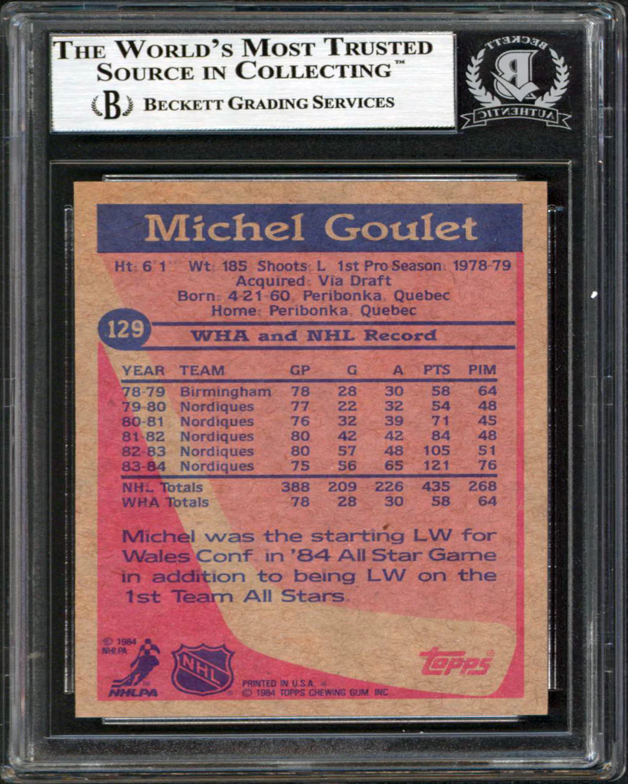 Nordiques Michel Goulet Authentic Signed 1984 Topps #129 Card BAS Slabbed - Image 3