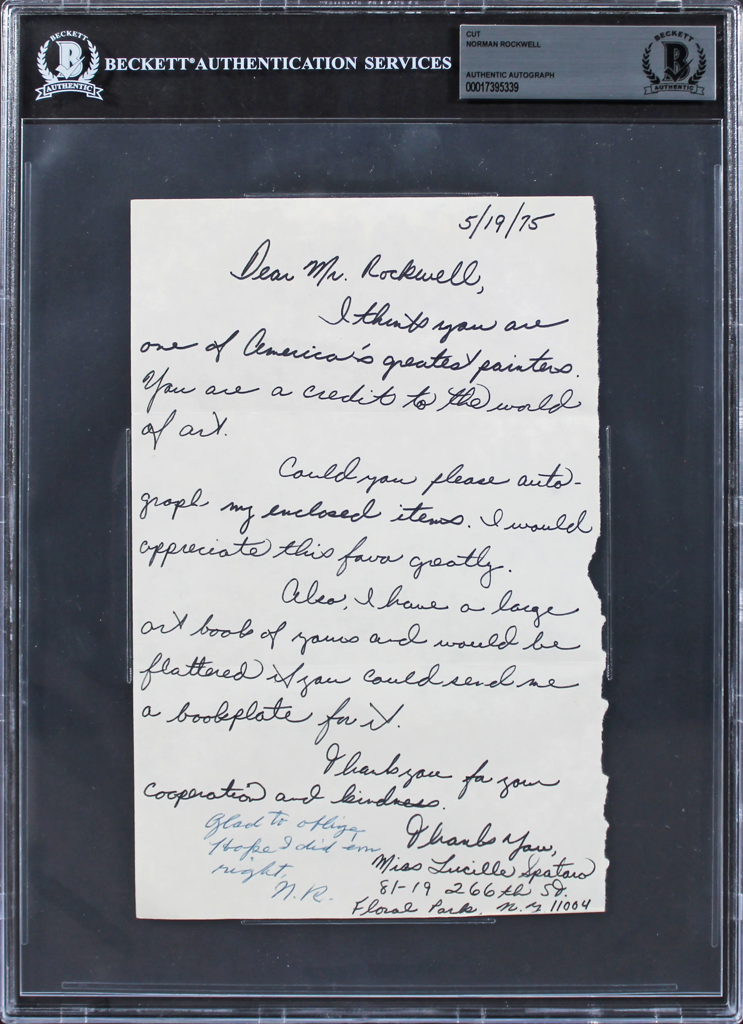 Norman Rockwell "Glad to oblige" Signed 5.5x8.5 1975 Letter BAS Slabbed - Image 2
