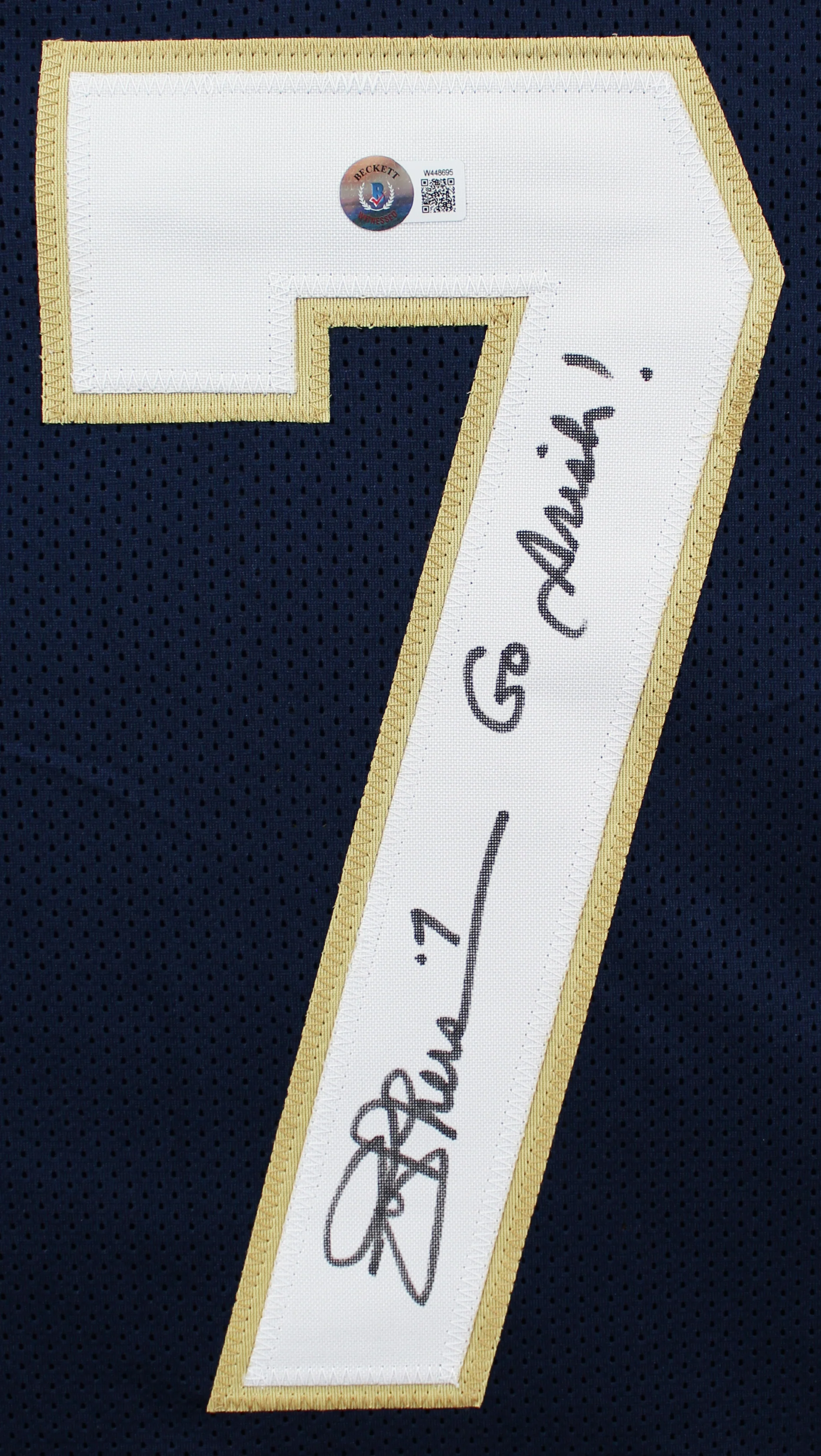 Notre Dame Joe Theismann "Go Irish!" Signed Navy Blue Pro Style Jersey BAS Wit - Image 3