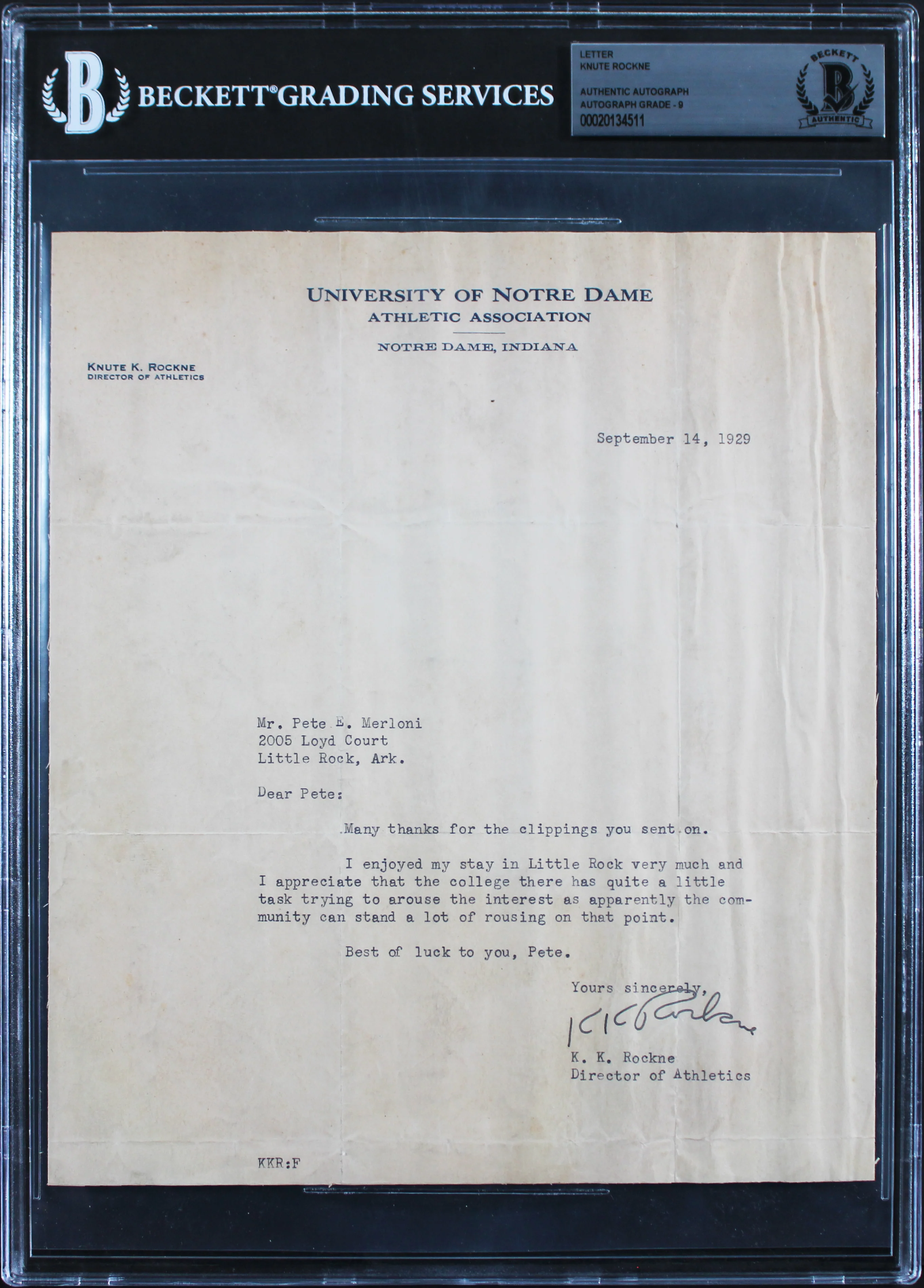 Notre Dame Knute Rockne Authentic Signed 8x9 1929 Letter Auto Graded 9! BAS Slab - Image 2