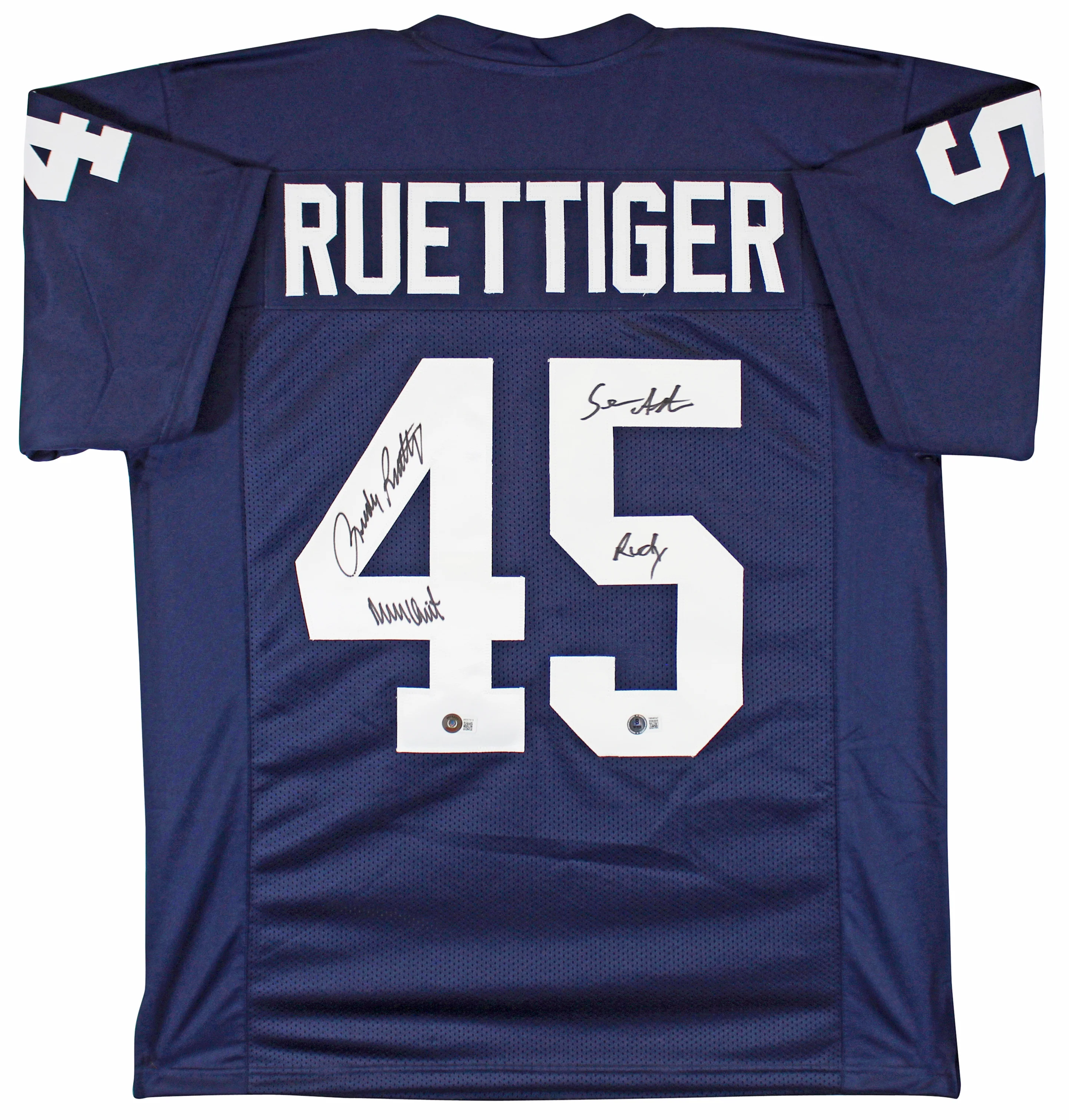 Notre Dame Rudy Ruettiger & Sean Astin Signed Navy Pro Style Jersey BAS Witness - Image 2