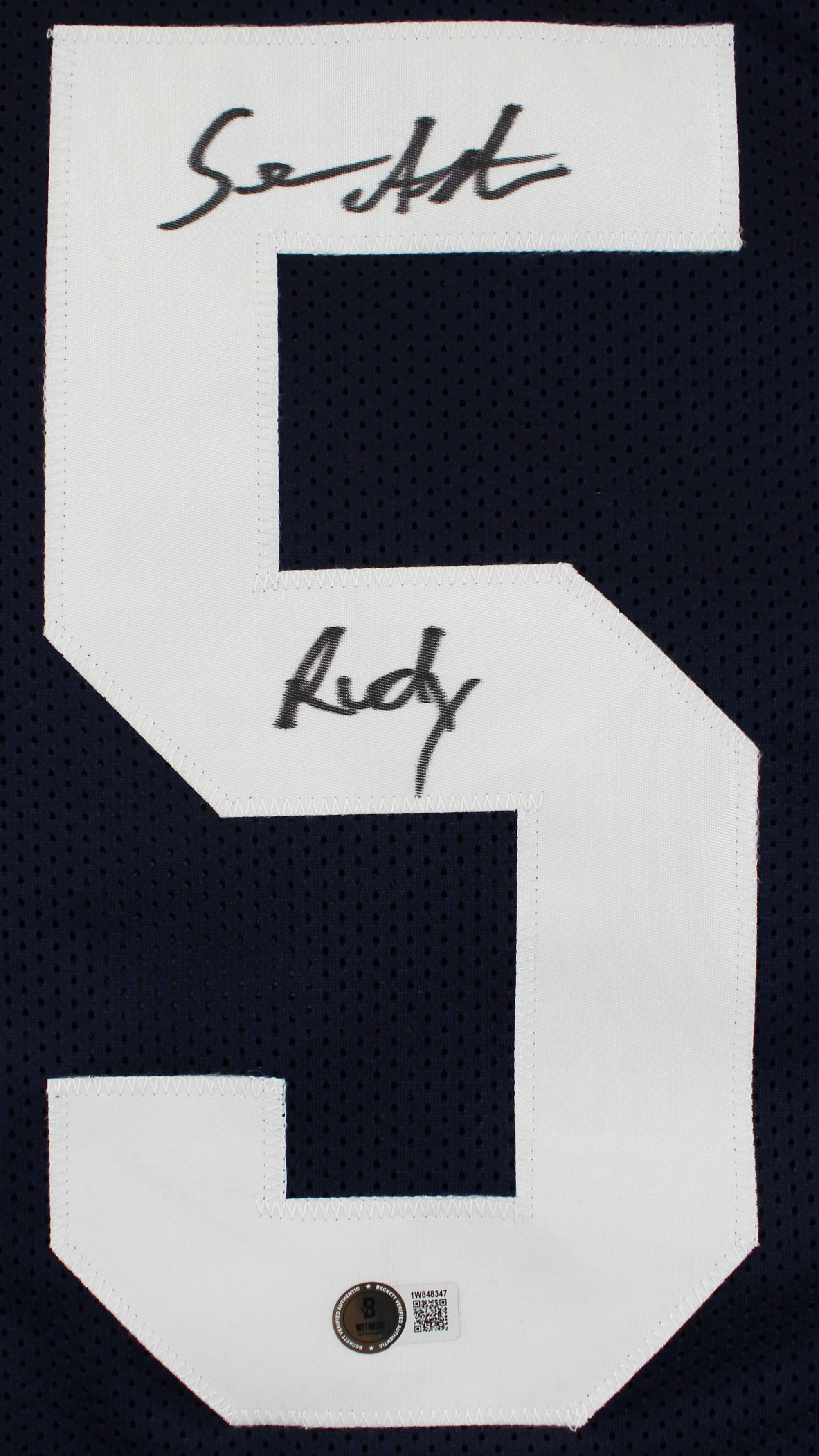Notre Dame Rudy Ruettiger & Sean Astin Signed Navy Pro Style Jersey BAS Witness - Image 4