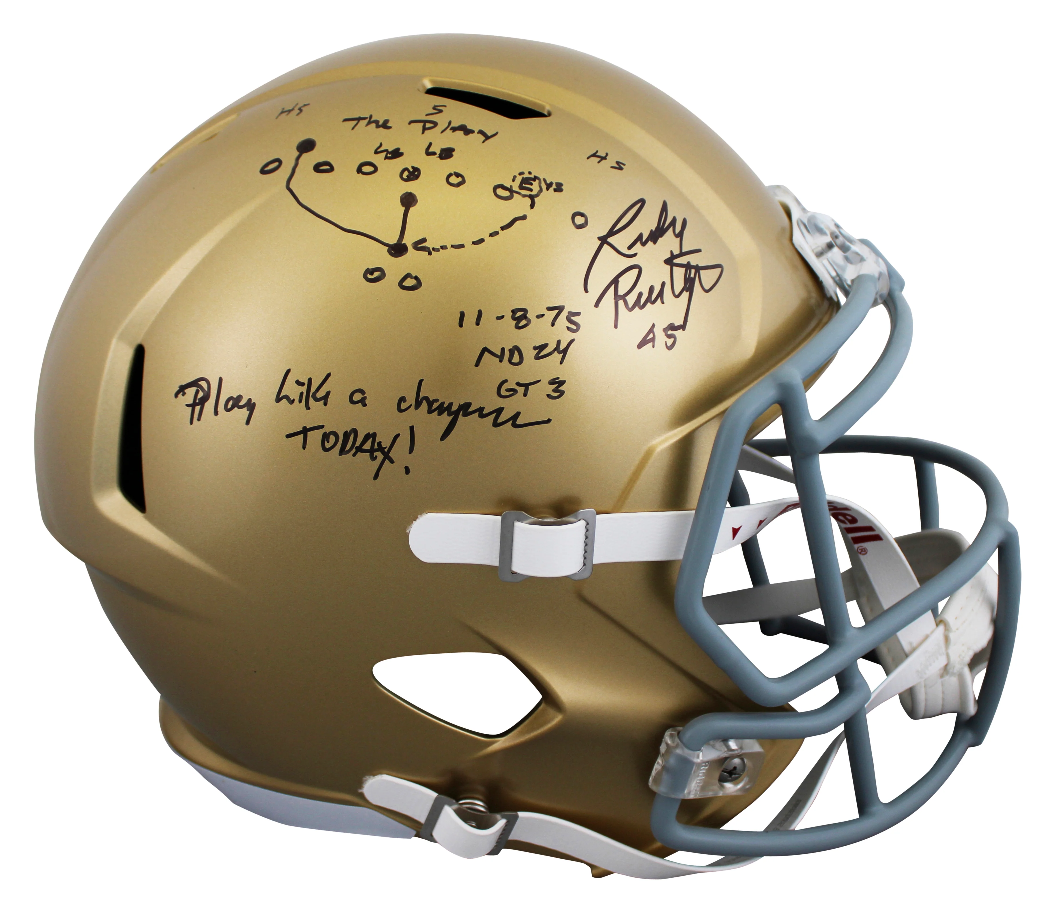 Notre Dame Rudy Ruettiger Signed F/S Speed Rep Helmet w/ Hand Drawn Play BAS W 2 - Image 2