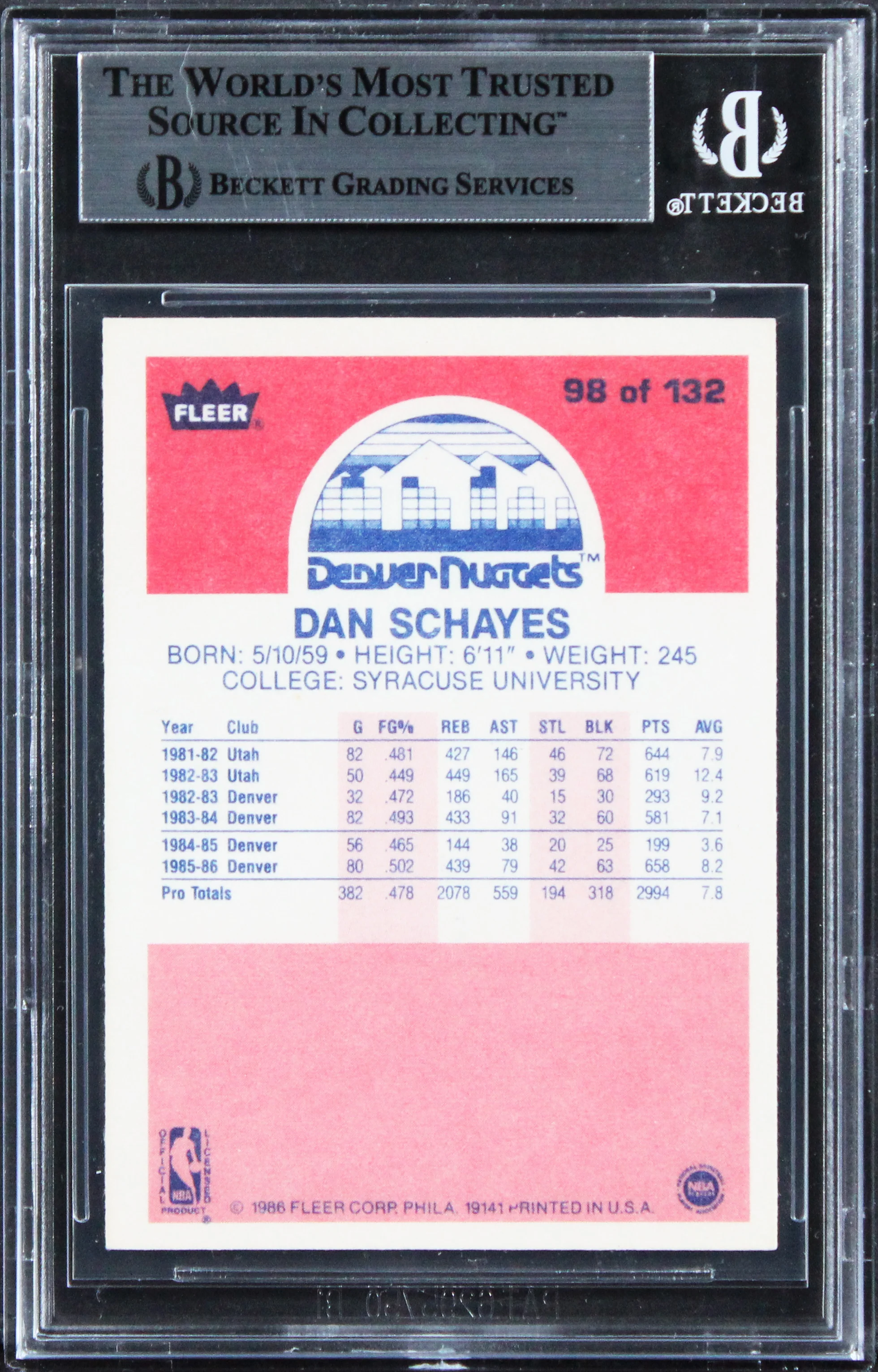 Nuggets Dan Schayes Authentic 1986 Fleer #98 Card Autographed BAS Slabbed - Image 3