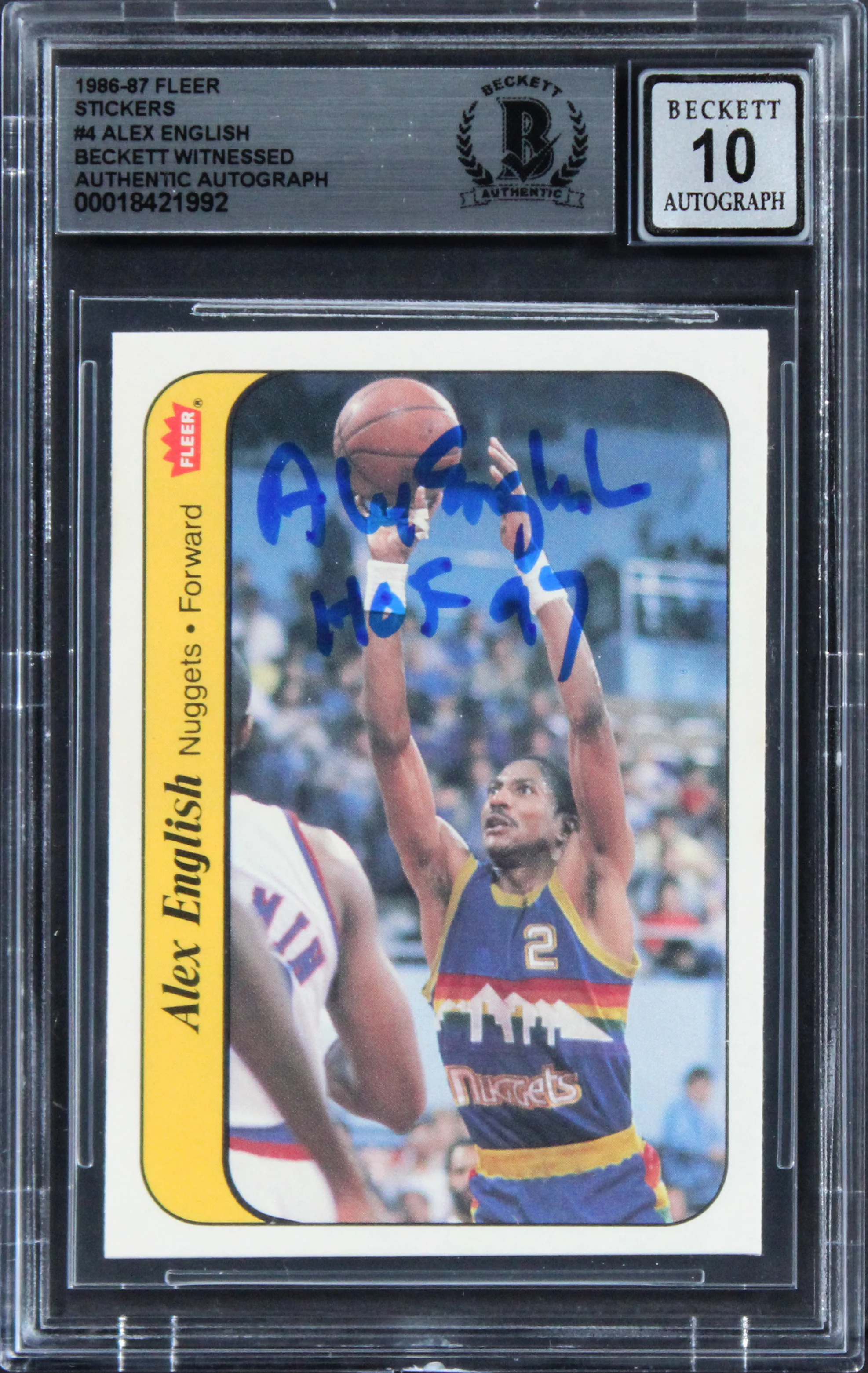 Nugs Alex English "HOF 97" Signed 1986 Fleer Stickers #4 Card Auto 10! BAS Slab - Image 2