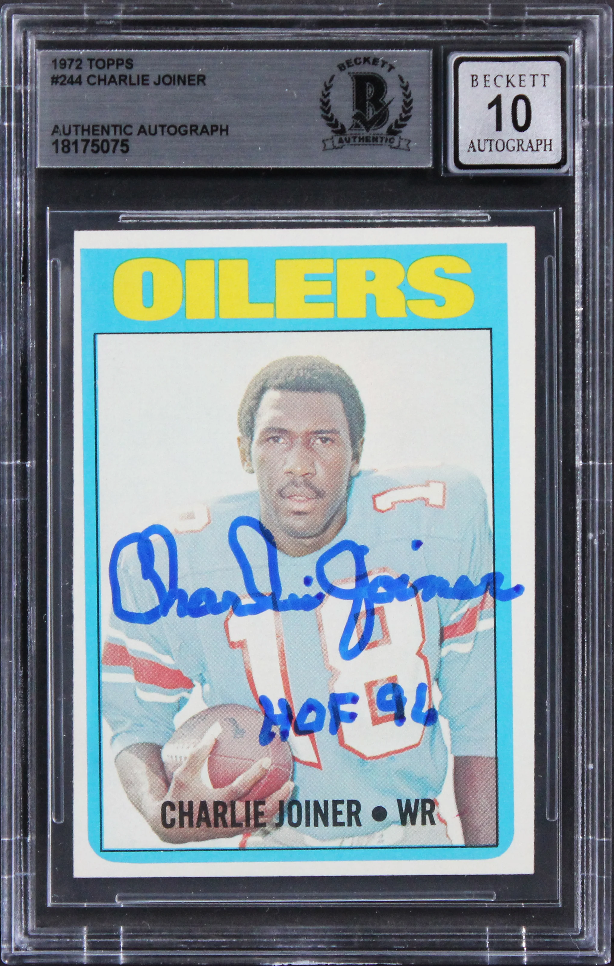 Oilers Charlie Joiner "HOF 96" Signed 1972 Topps #244 Card Auto 10! BAS Slabbed - Image 2
