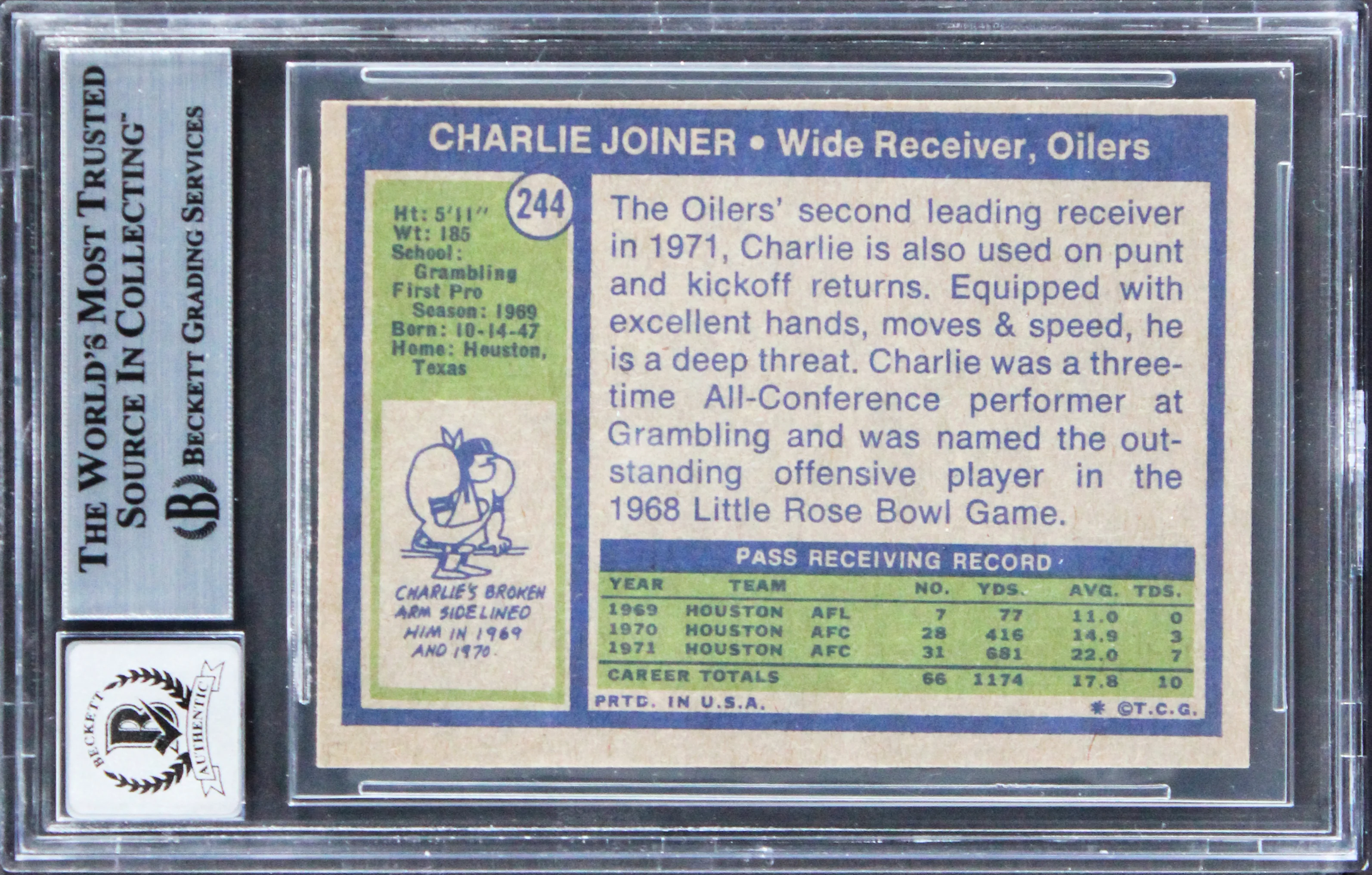 Oilers Charlie Joiner "HOF 96" Signed 1972 Topps #244 Card Auto 10! BAS Slabbed - Image 3