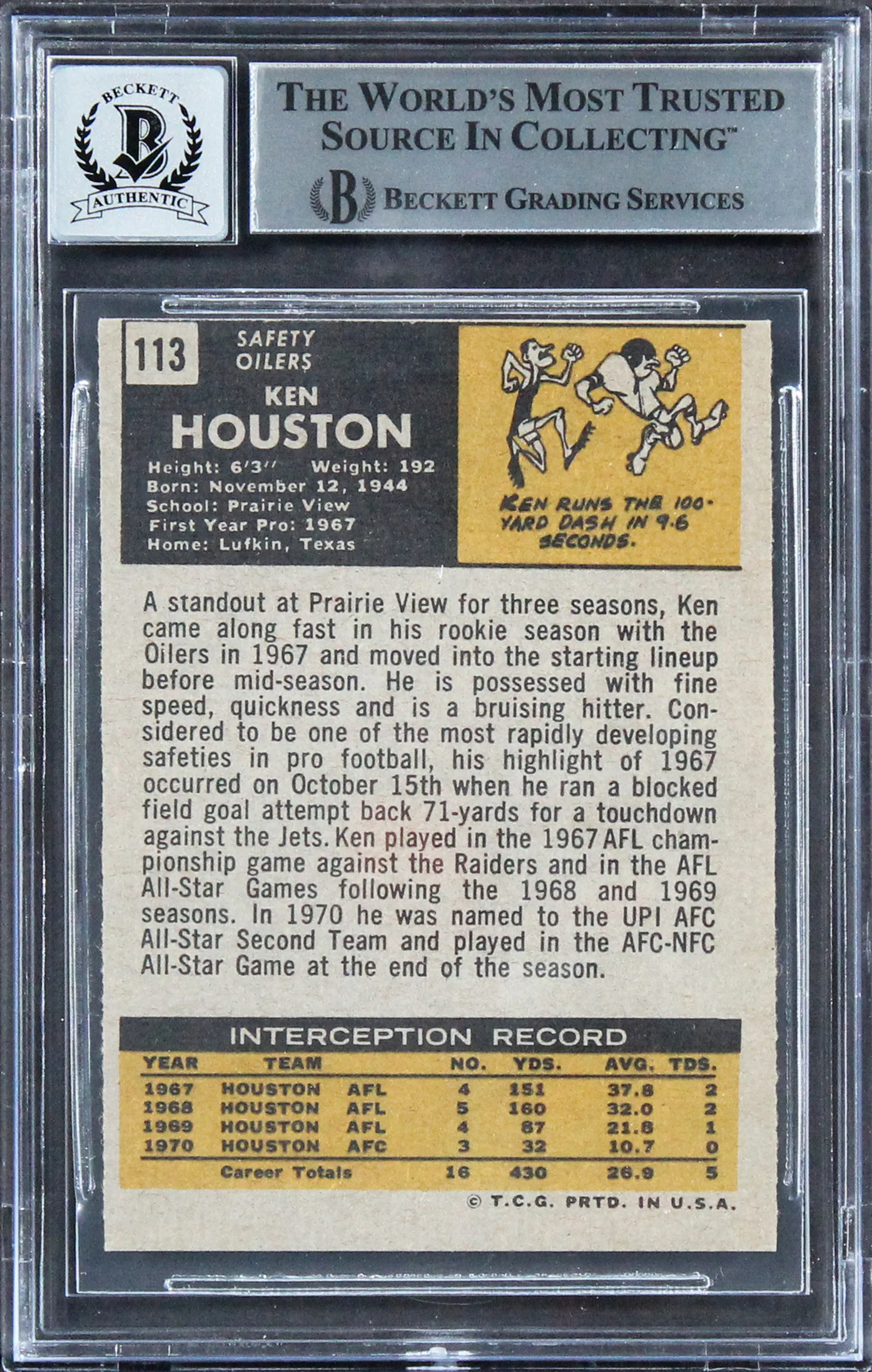 Oilers Ken Houston "HOF 06" Signed 1971 Topps #113 Rookie Card Auto 10! BAS Slab - Image 3