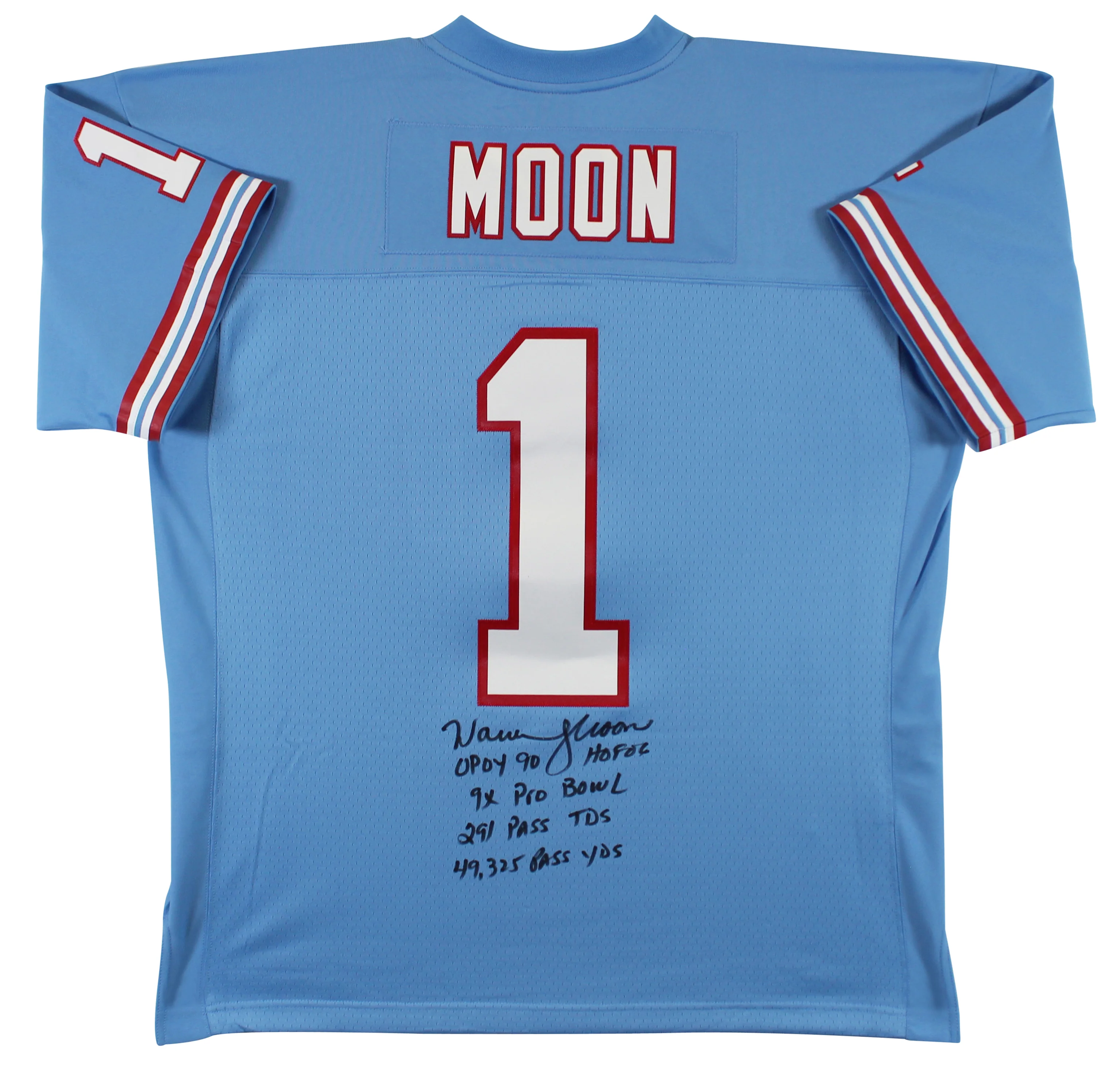 Oilers Warren Moon "5x Insc" Signed Light Blue 1993 M&N TB Jersey BAS Witnessed - Image 2