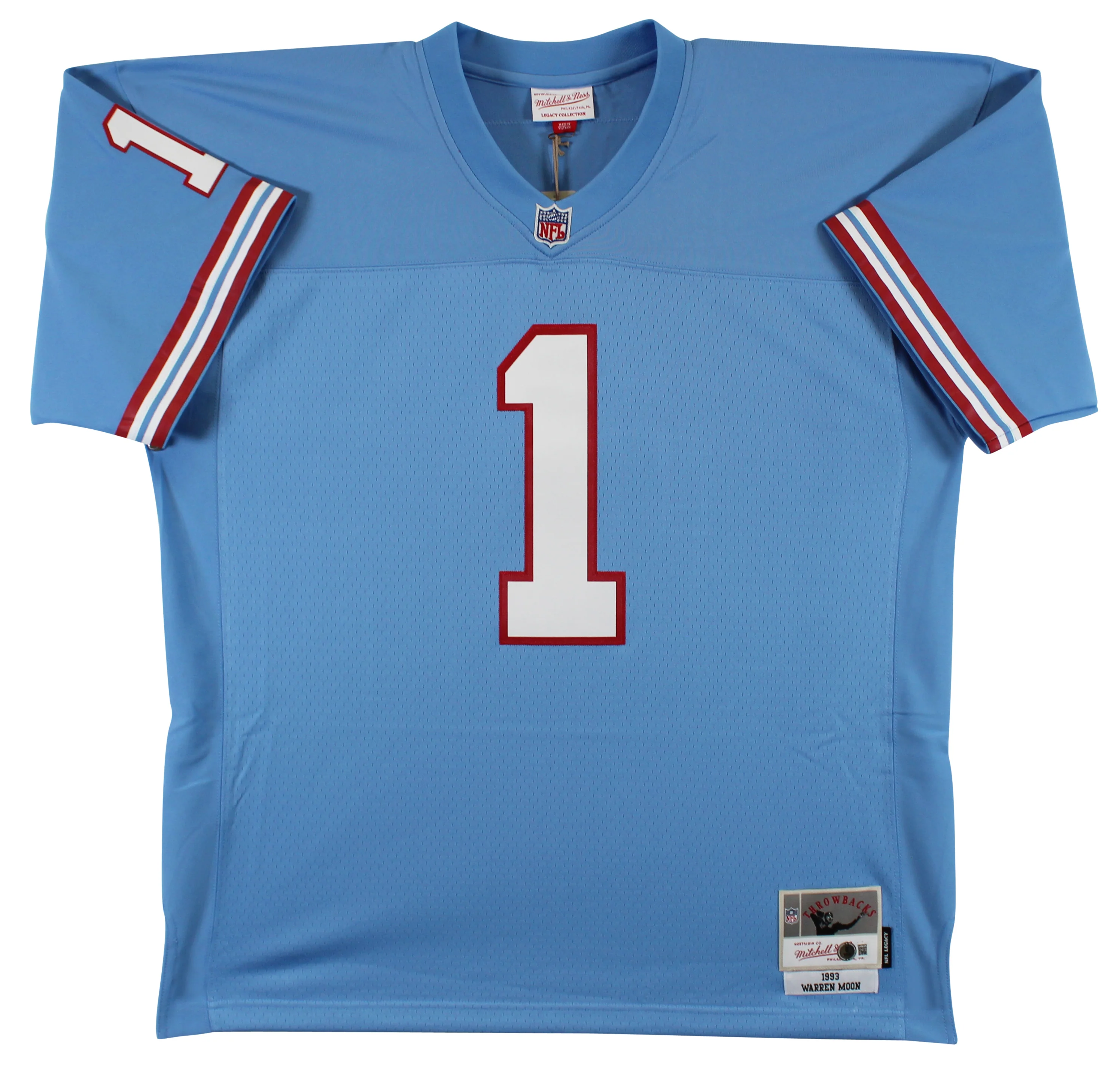 Oilers Warren Moon "5x Insc" Signed Light Blue 1993 M&N TB Jersey BAS Witnessed - Image 4