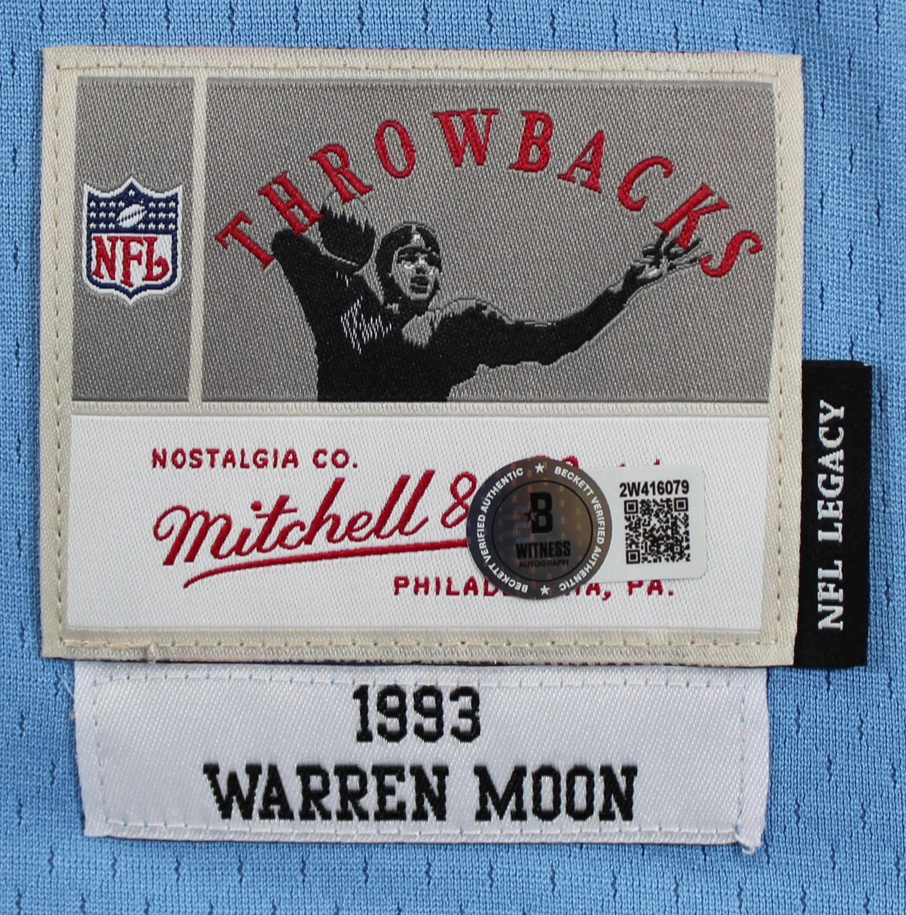 Oilers Warren Moon "5x Insc" Signed Light Blue 1993 M&N TB Jersey BAS Witnessed - Image 5