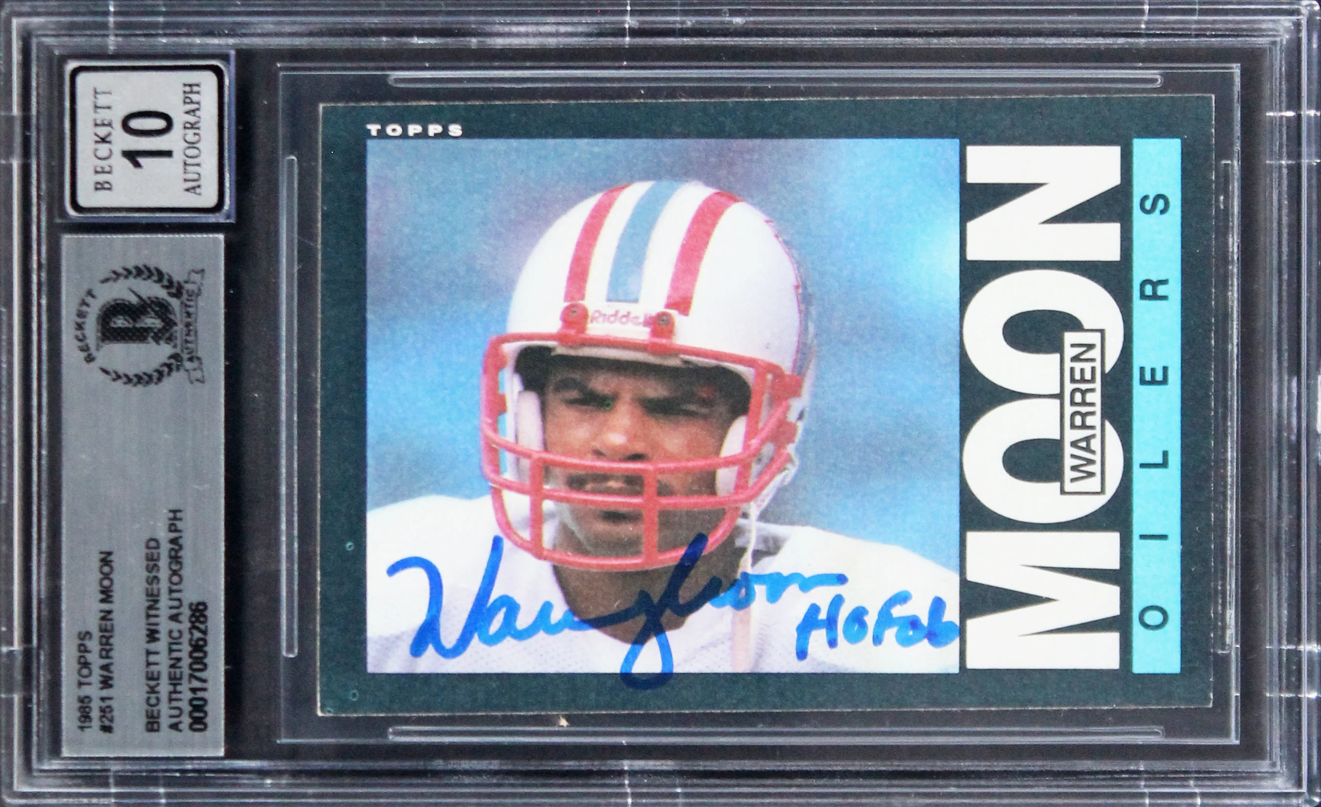 Oilers Warren Moon "HOF 06" Signed 1985 Topps #251 Rookie Auto 10! BAS Slabbed - Image 2