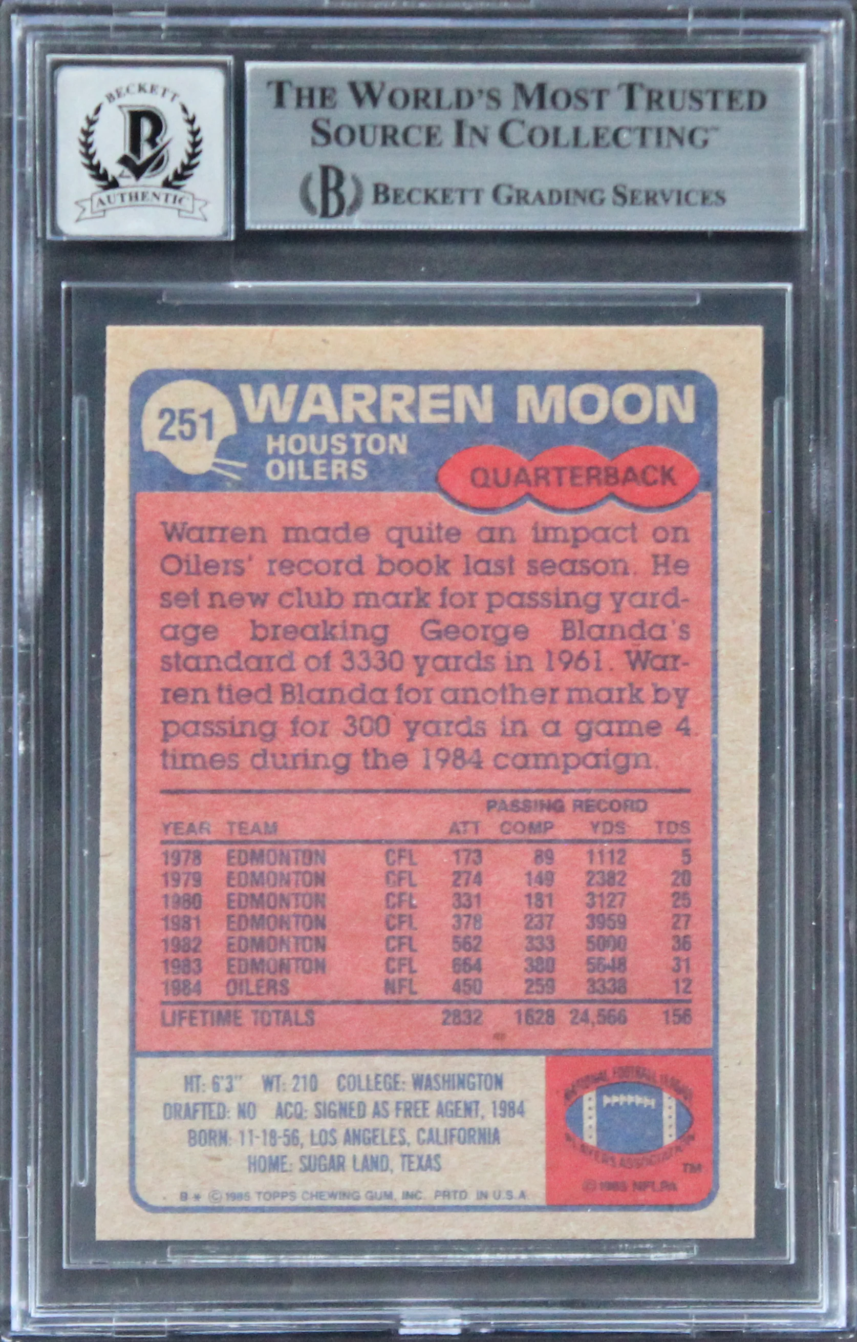 Oilers Warren Moon "HOF 06" Signed 1985 Topps #251 Rookie Auto 10! BAS Slabbed - Image 3
