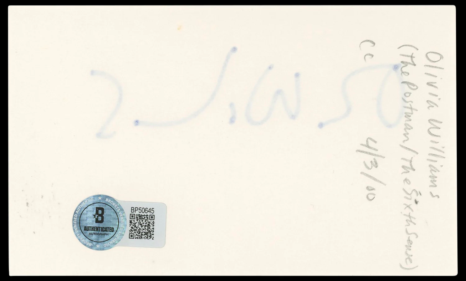Olivia Williams The Sixth Sense Authentic Signed 3x5 Index Card BAS #BP50645 - Image 3