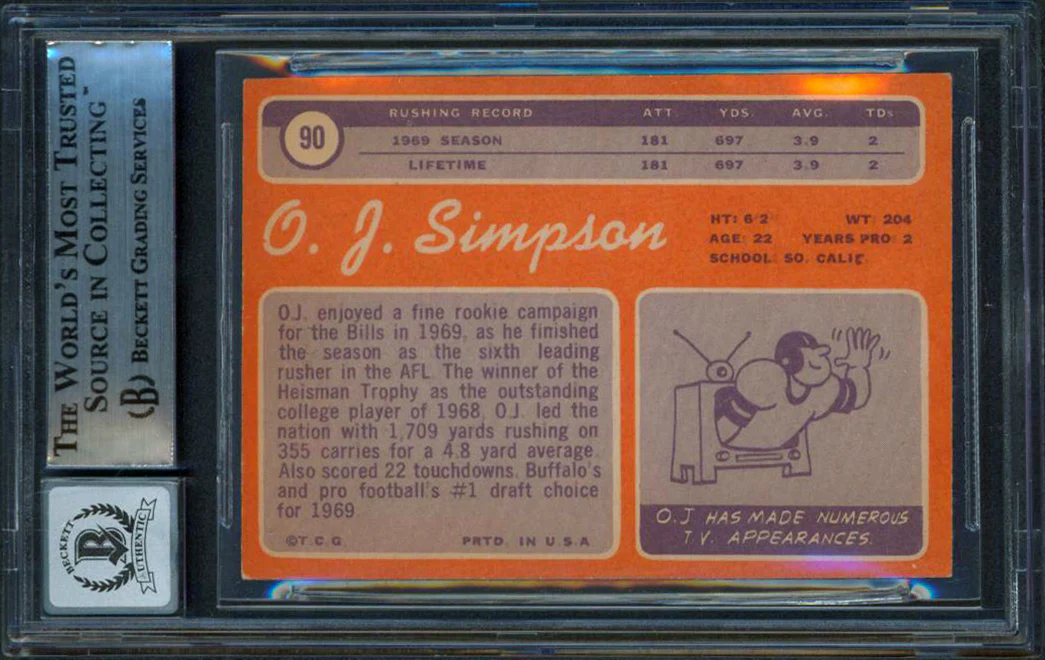 Orenthal James OJ Simpson HOF 85 Signed 1970 Topps #90 RC Card Auto 10 BAS Slab - Image 3