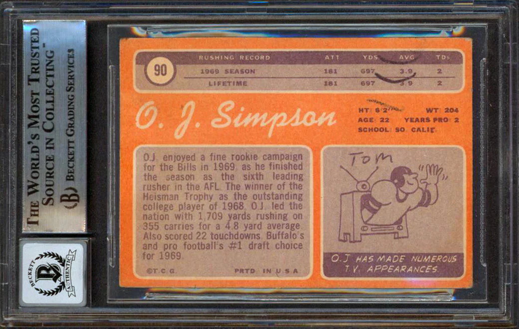 Orenthal James OJ Simpson HOF 85 Signed 1970 Topps #90 RC Card Auto 10 BAS Slab - Image 3