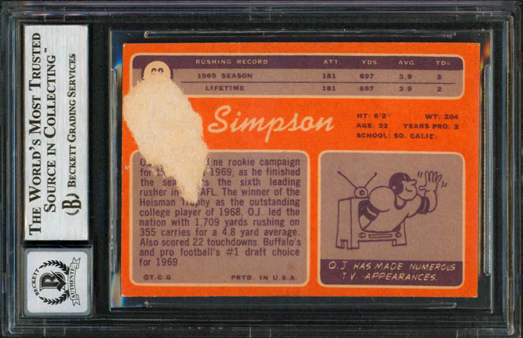 Orenthal James OJ Simpson HOF 85 Signed 1970 Topps #90 RC Card Auto 10 BAS Slab - Image 3