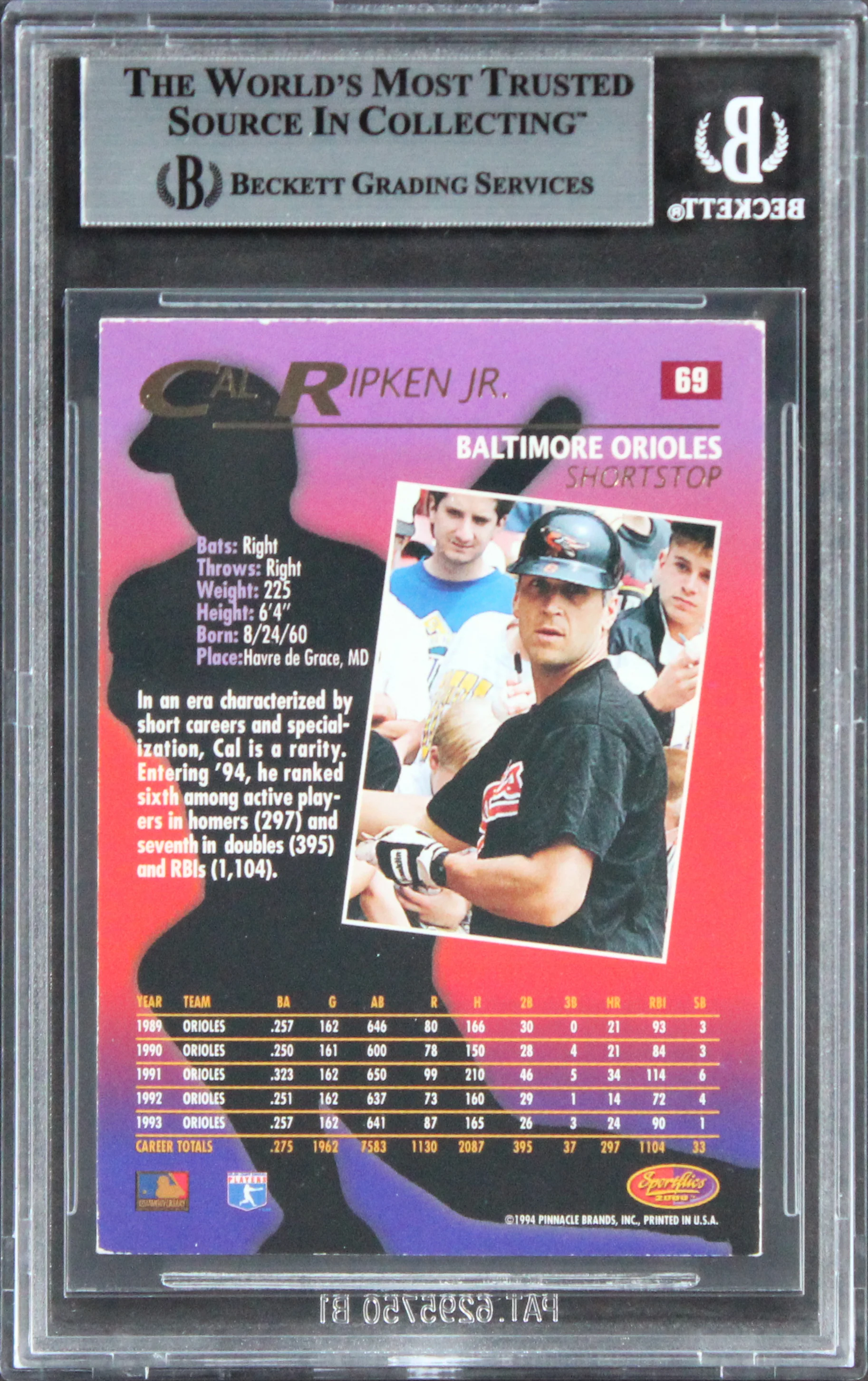 Orioles Cal Ripken Jr. Authentic Signed 1994 Sportflics #69 Card BAS Slabbed - Image 3