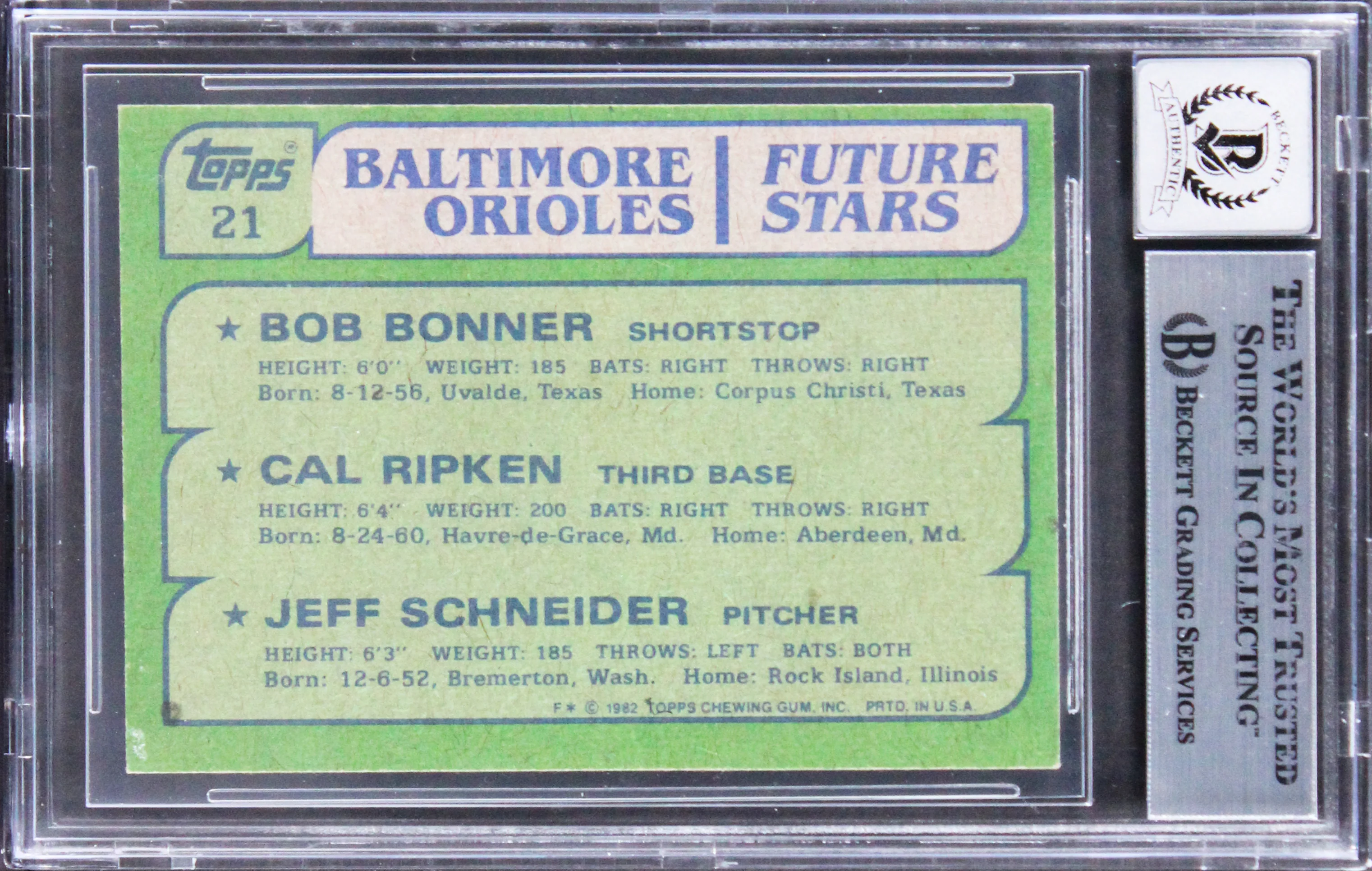 Orioles Cal Ripken Jr. Signed 1982 Topps #21 Rookie Card Auto 10! BAS Slabbed - Image 3