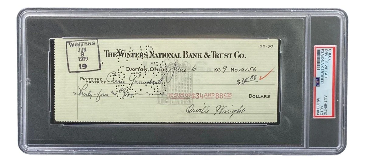 Orville Wright Signed Slabbed Bank Check PSA/DNA 85200384